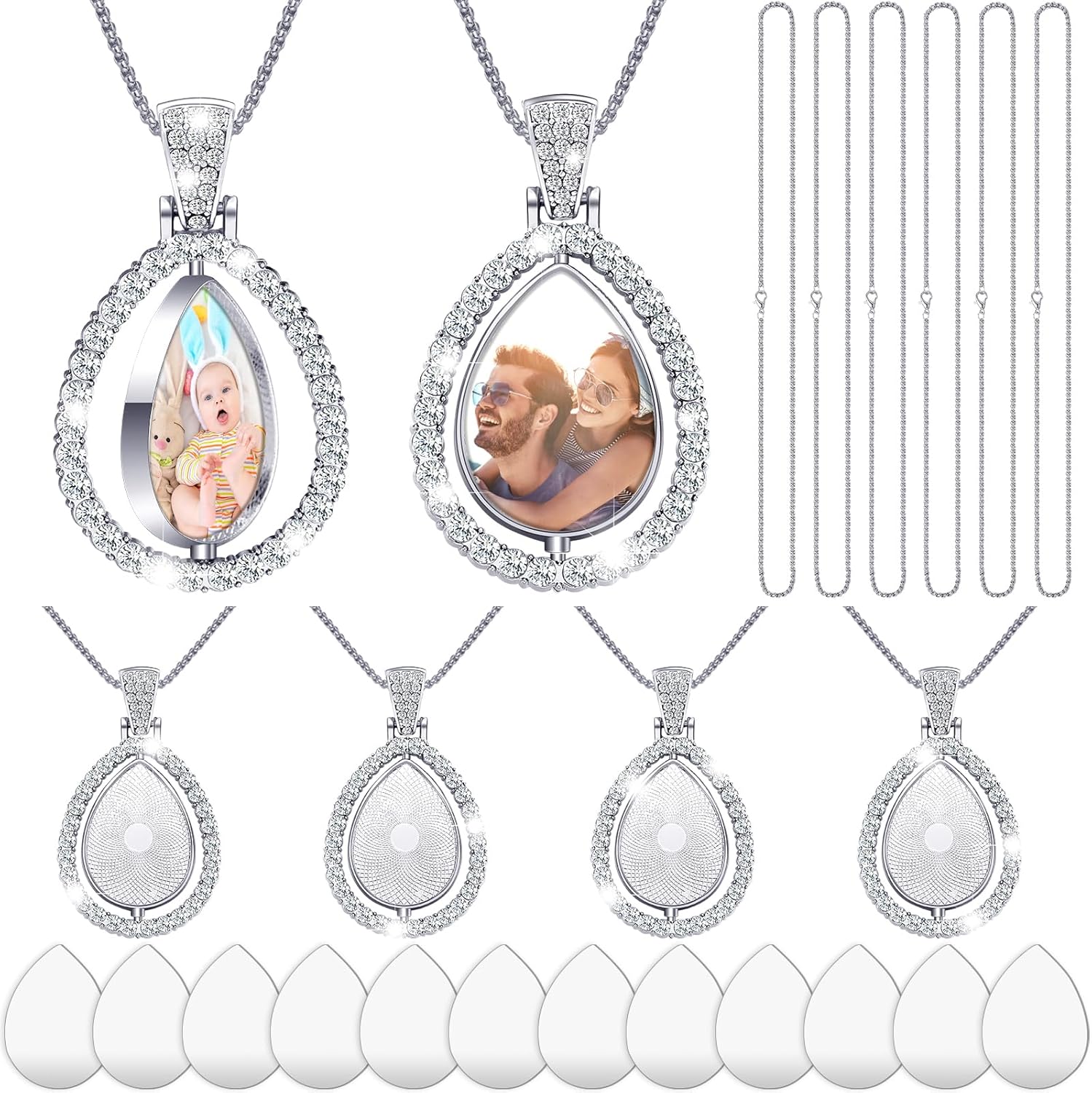 Junkin 24 Pcs Sublimation Rhinestone Trays Pendant Set, Including 6 Double Sided Blank Rhinestone Bezel Trays, 6 Pcs Thick Chains with 12 Sublimation Discs for Making (Multiple Style)