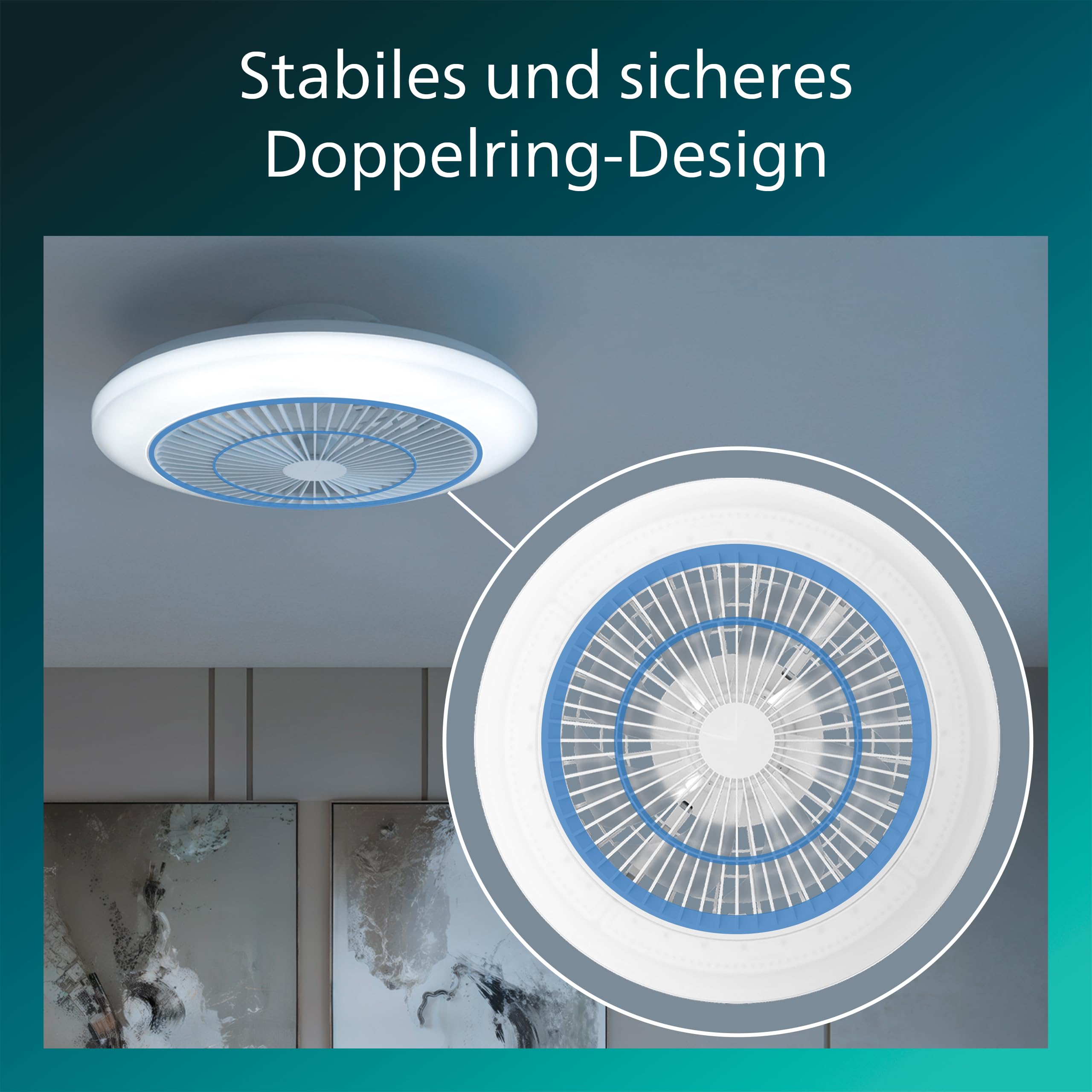 Lampa z wiatrakiem Philips Amigo LED, Zakrzywione Łopatki w Bezpiecznej Podwójnej Obręczy, Średnica 48 cm, 4400 Lumenów, Pełna Paleta Kolorów i Regulowana Barwa 2700–6500 K, 6 Prędkości, Pilot, Biały
