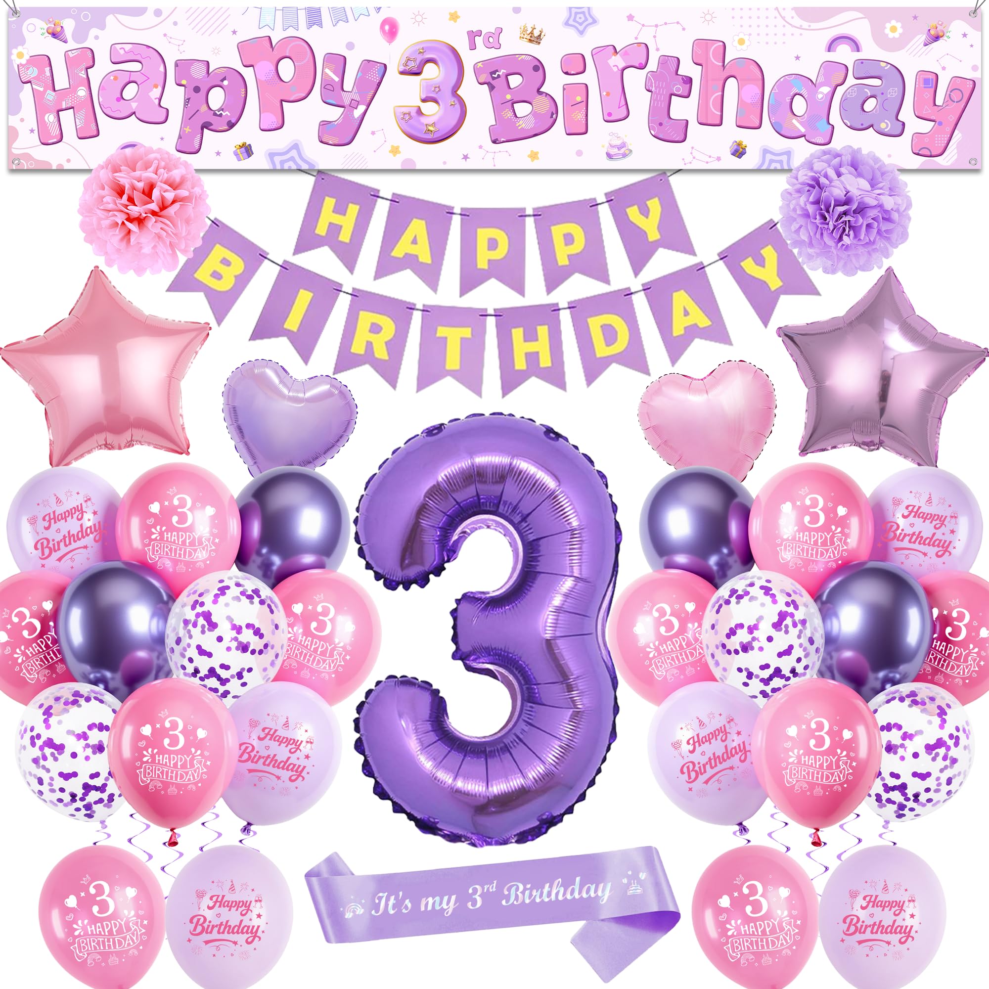 3rd Birthday Decorations Balloons Girls - Pink Purple Large Happy 3rd Birthday Yard Banner(25 X 150 Cm) Mit Sash, Stars Crowns Number 3 Foil Balloons and Paper Pompoms for 3 Year Olds Party