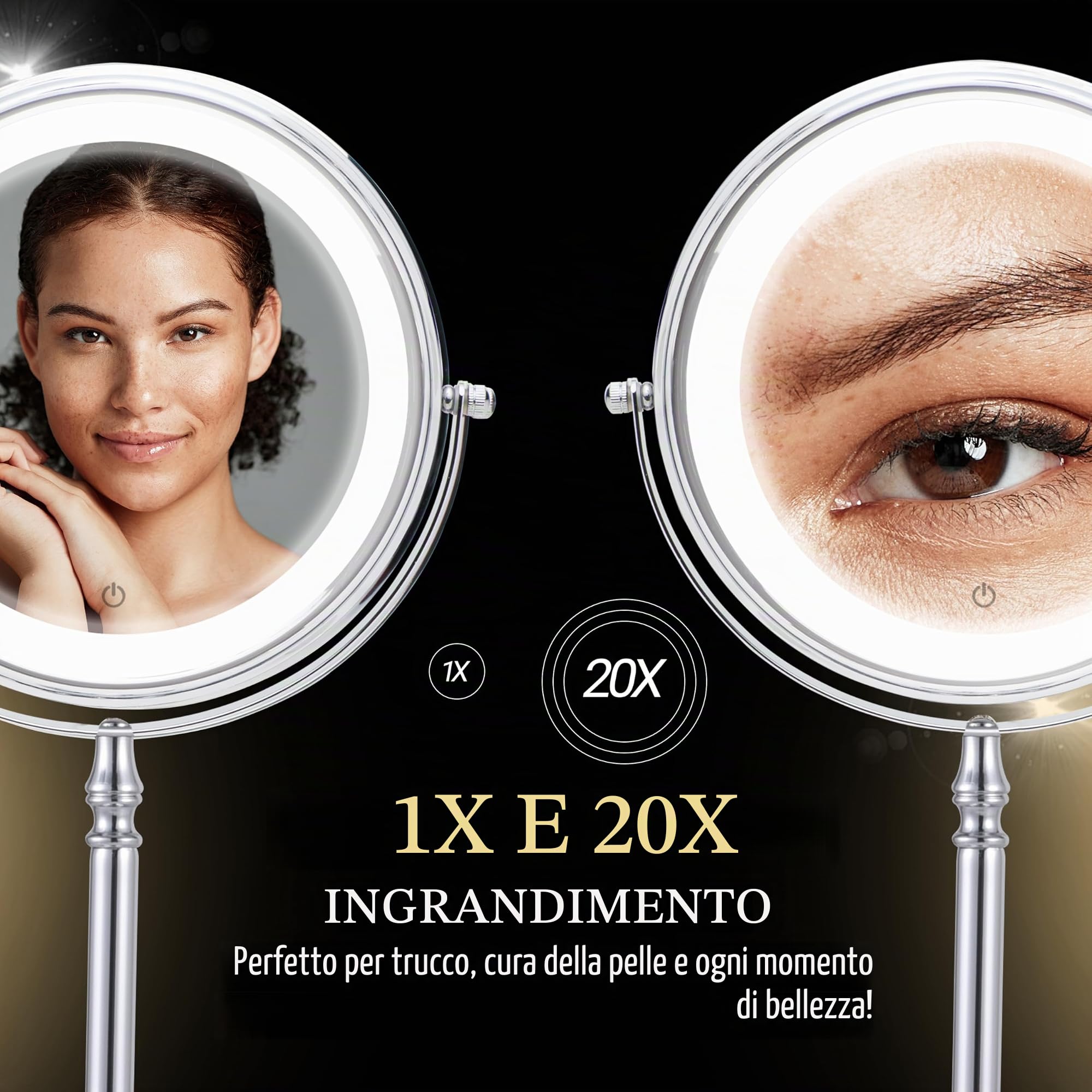 MIRRORVANA Specchio ingranditore illuminato 20X/1X su supporto (cromato)