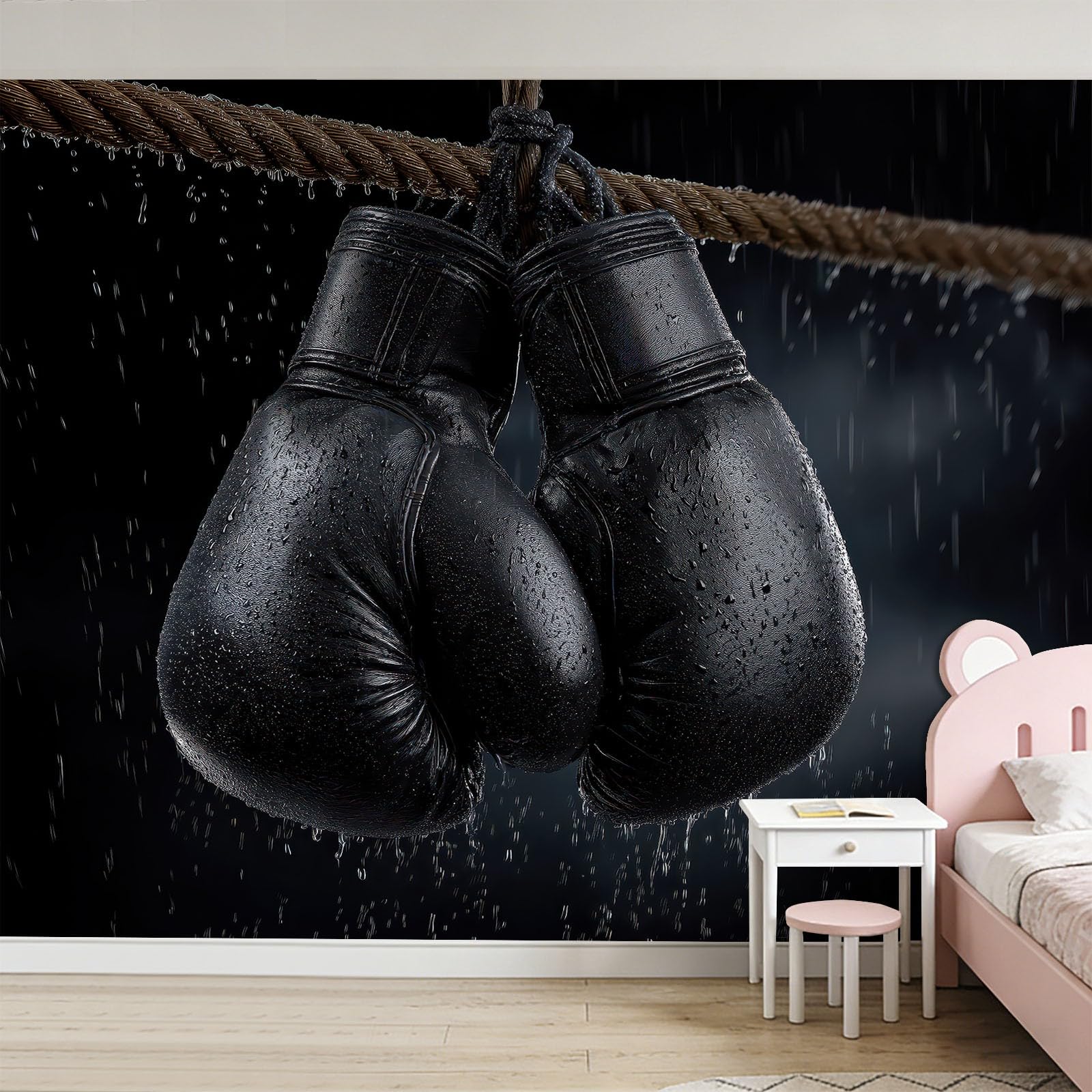 Czarne rękawice bokserskie, panorama, fototapeta, 250 x 175 cm, flizelina, sztuka ścienna, mural, zawody sportowe, fototapeta na siłownię, do klubu sportowego, na sofę, tło