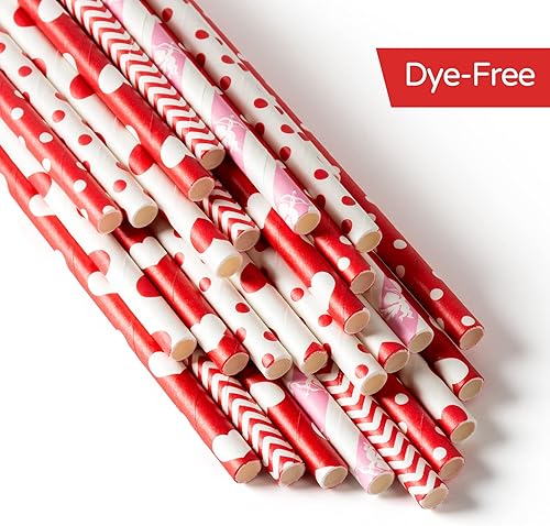 Miniatura 3 de Paquete de 100 pajitas de papel de San Valentín, 0.24 x 8.27 pulgadas, pajitas de papel rojo de corazón blanco para San Valentín, boda, fiesta,