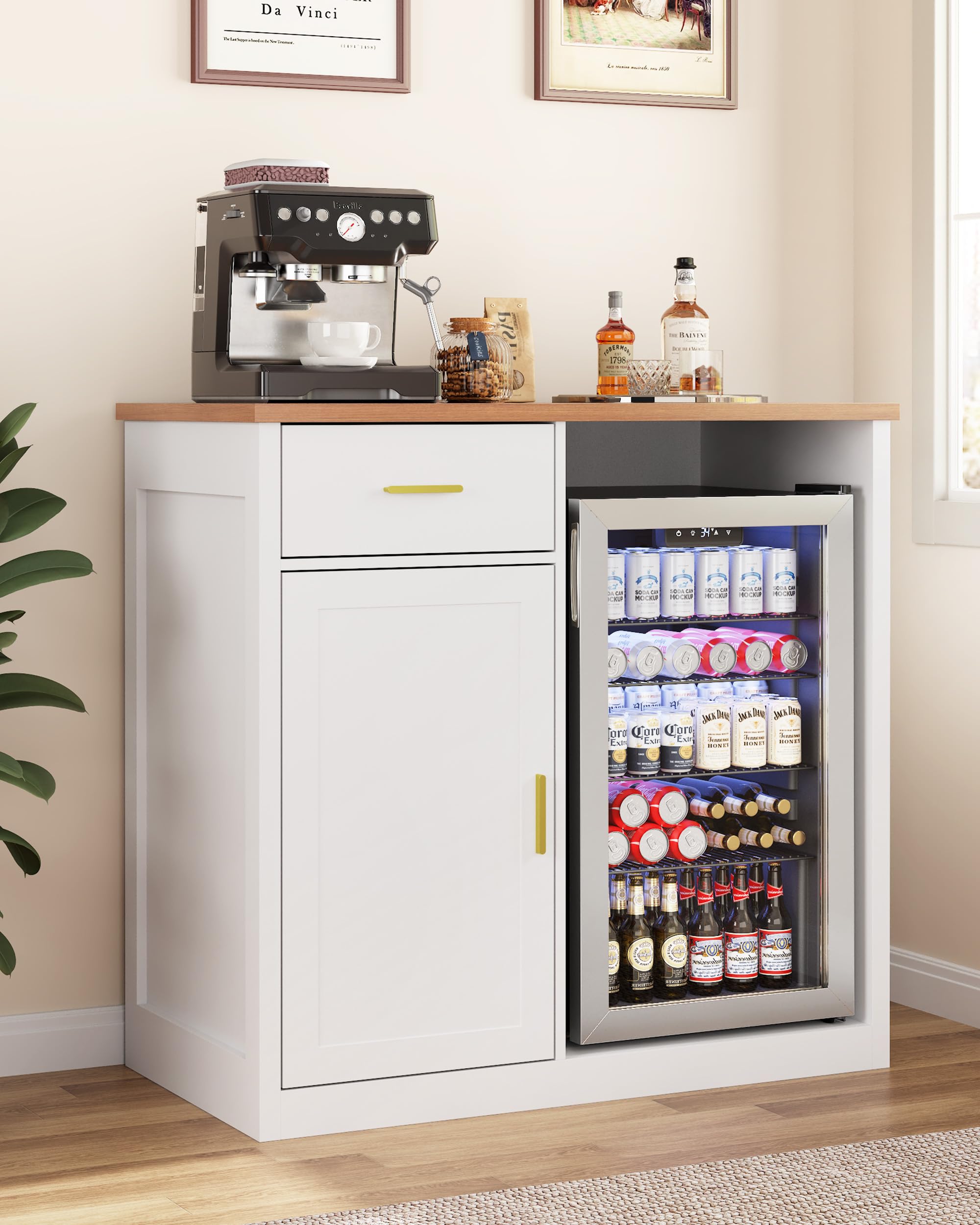 Otterease Coffee Bar Cabinet with Built-in Fridge (Included), Wine & Liquor Bar Cabinet with Drawer and Storage, Modern Buffet Sideboard for Living