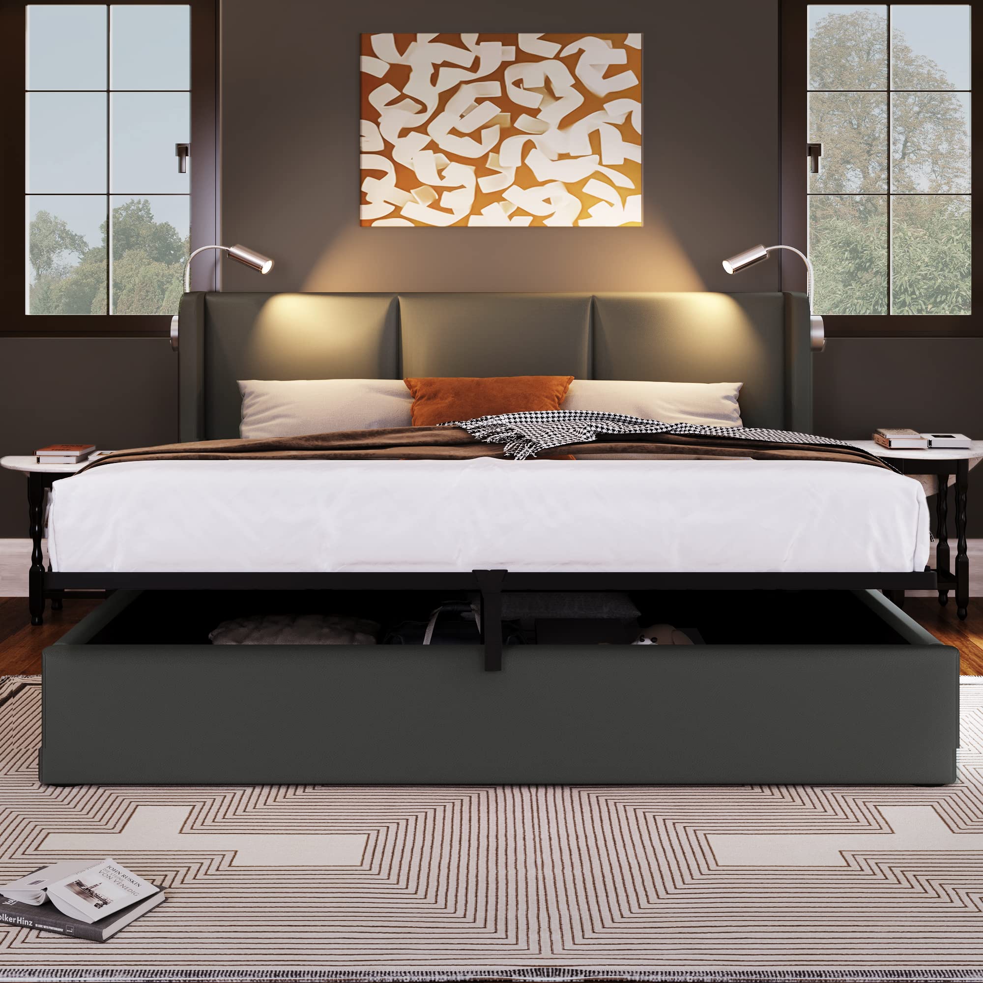 Letto imbottito idraulico testiera con funzione di ricarica USB luce lettura letti matrimoniale giroletto con rete a doghe letti contenitore box per adulti per ospiti grigio senza materasso 160x200