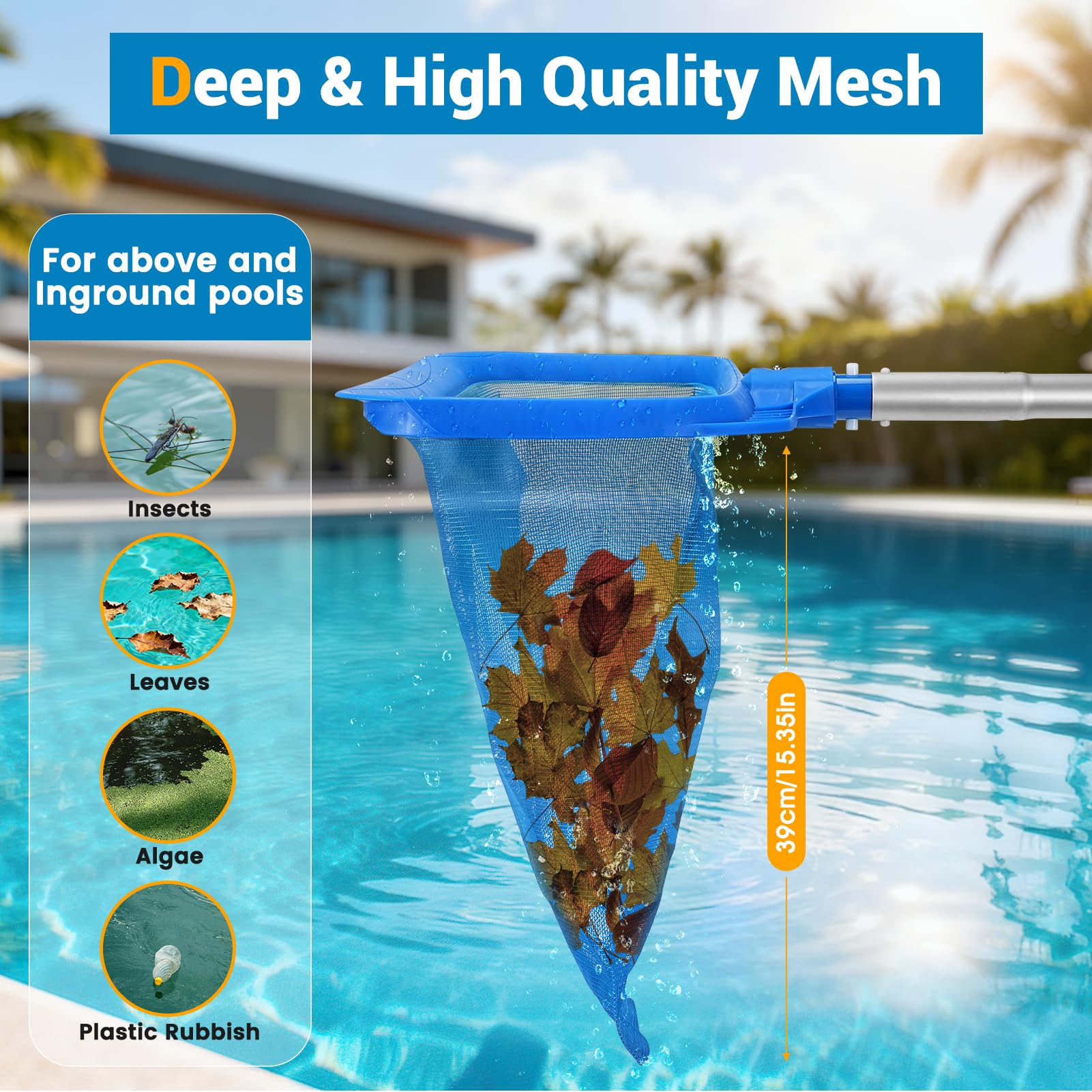 Red de Limpieza de Piscinas, 191cm Servicio Pesado Profundo Recogehojas Piscina Malla Fina Red de Piscina con Poste Telescópico Kit Limpieza Piscina con Cepillo Piscina para Piscina Estanque