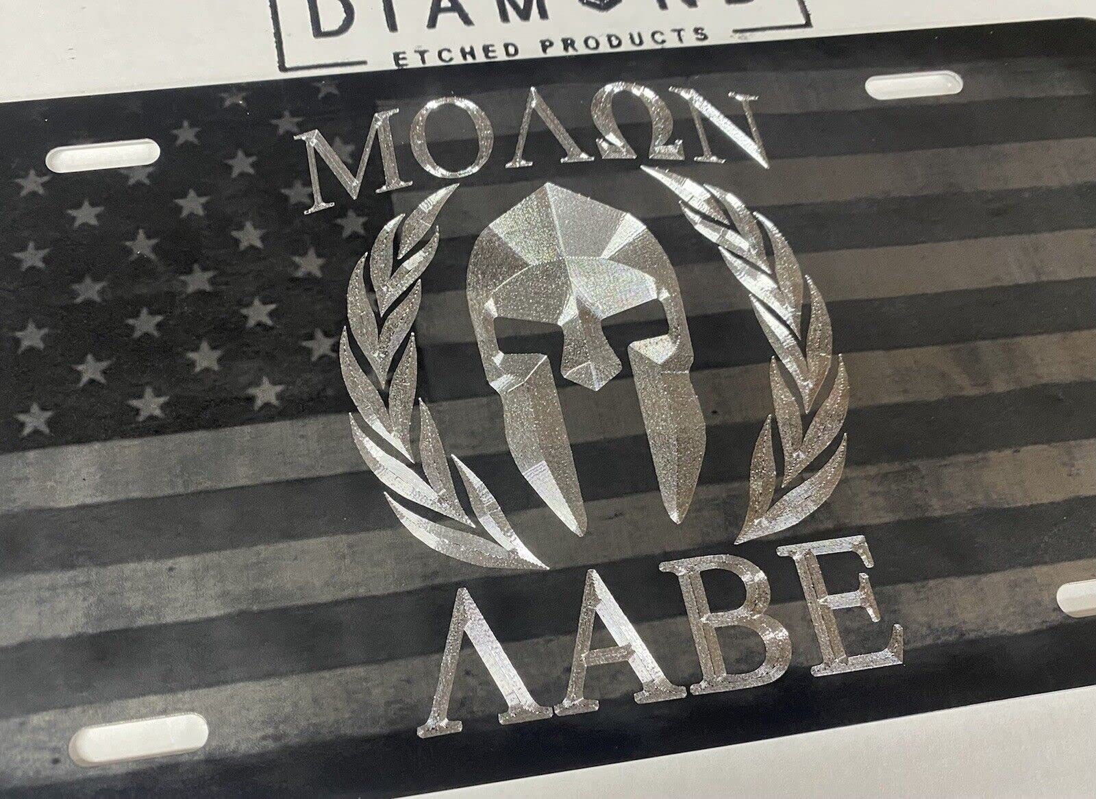 Engraved Molon Labe Combo Laser US Flag & Diamond Etched Car Tag License Plate
