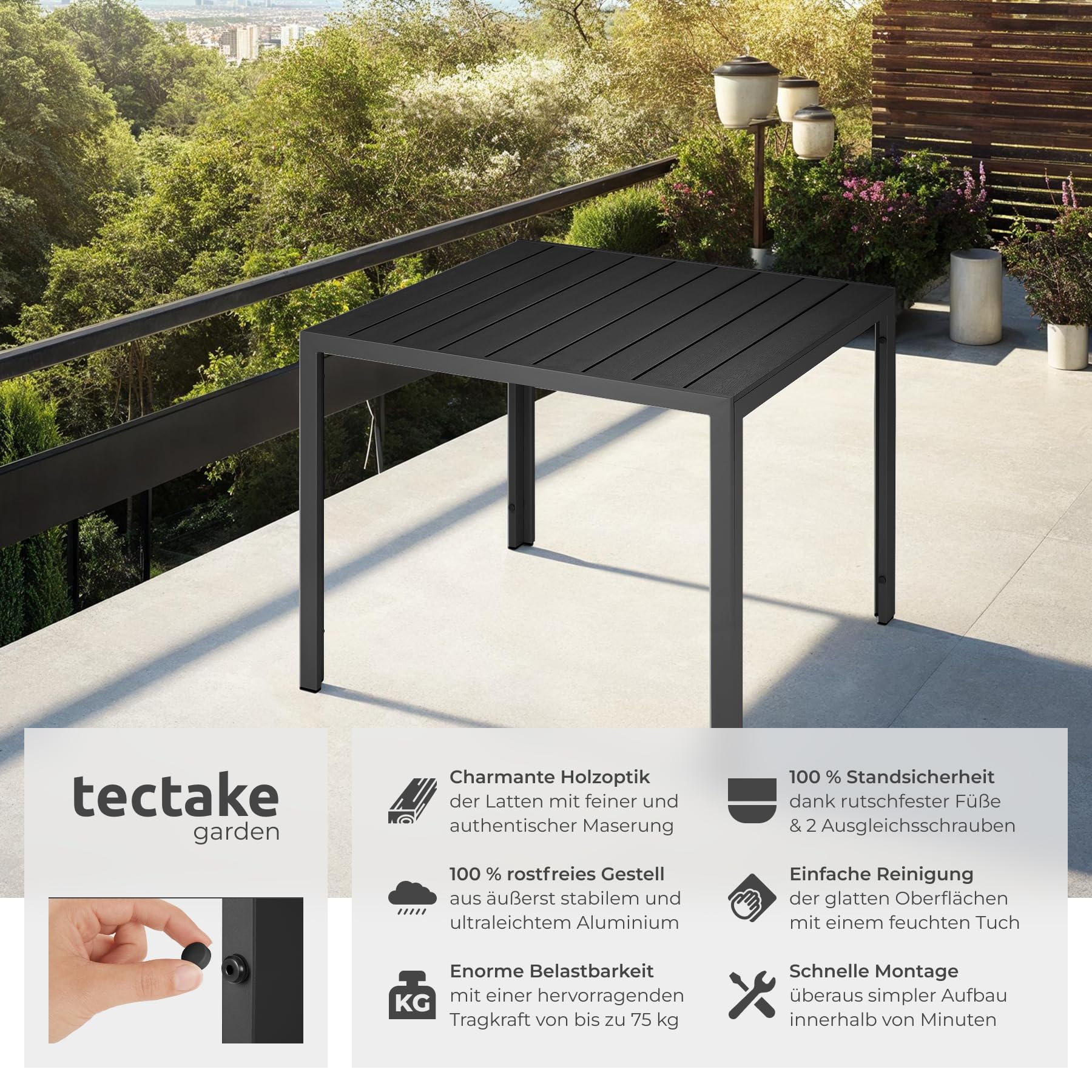 tectake® Gartentisch, Outdoor Esstisch, Balkontisch in Holz Optik, Terrassentisch mit Aluminiumrahmen, Gartenmöbel wetterfest, 90x90x74,5cm, Tisch für Garten, Lounge, Sitzgruppe - schwarz