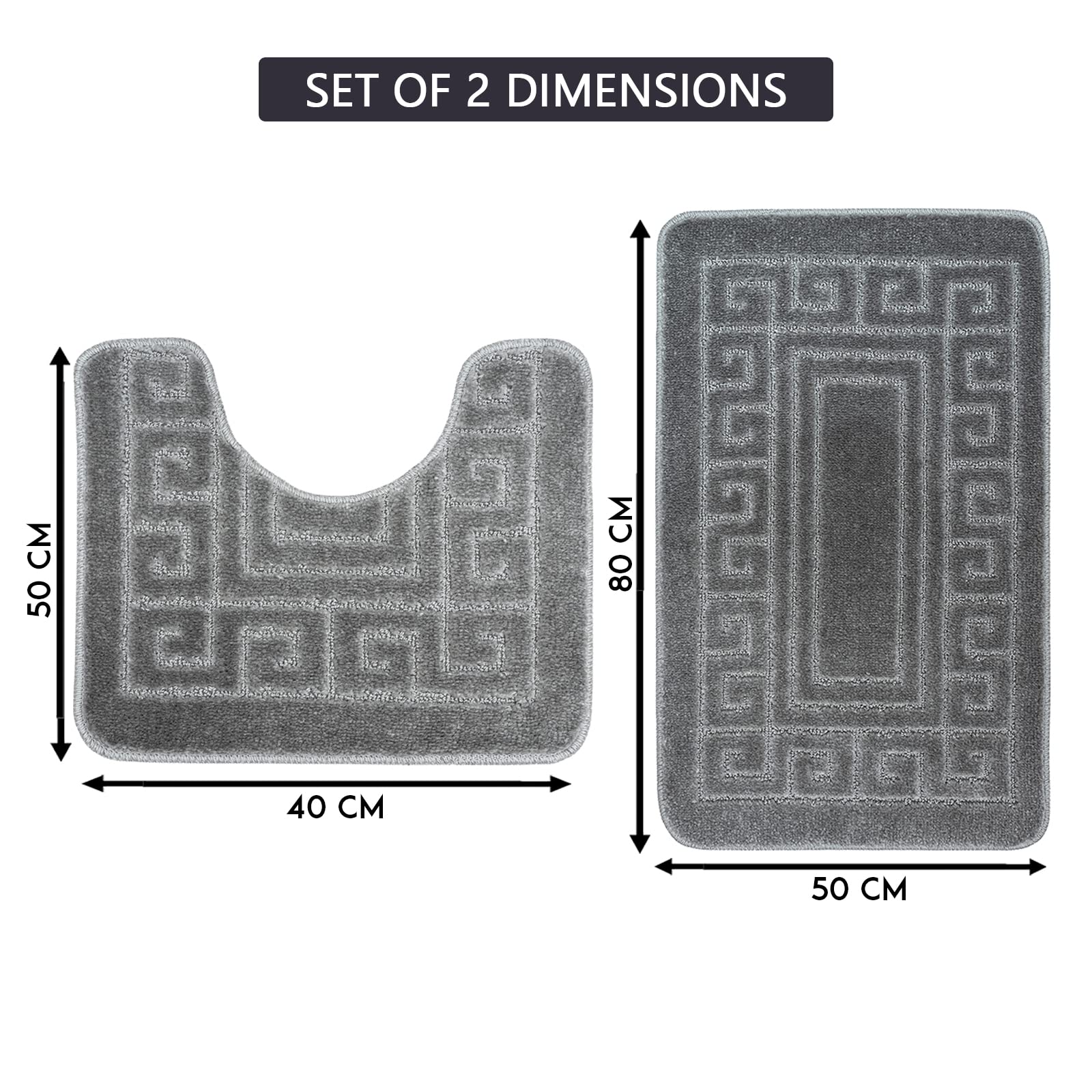 Greek Bath Mat 2 Pcs Set Non-Slip Bath Rug Toilet Mat Washable Bathroom Mats Rugs Absorbent Soft Rug for Bathtub Bathroom Includes 1 Bath Mat (50 X 80cm) And 1 Pedestal Mat (50 X 40cm) (GREY) - Image 2
