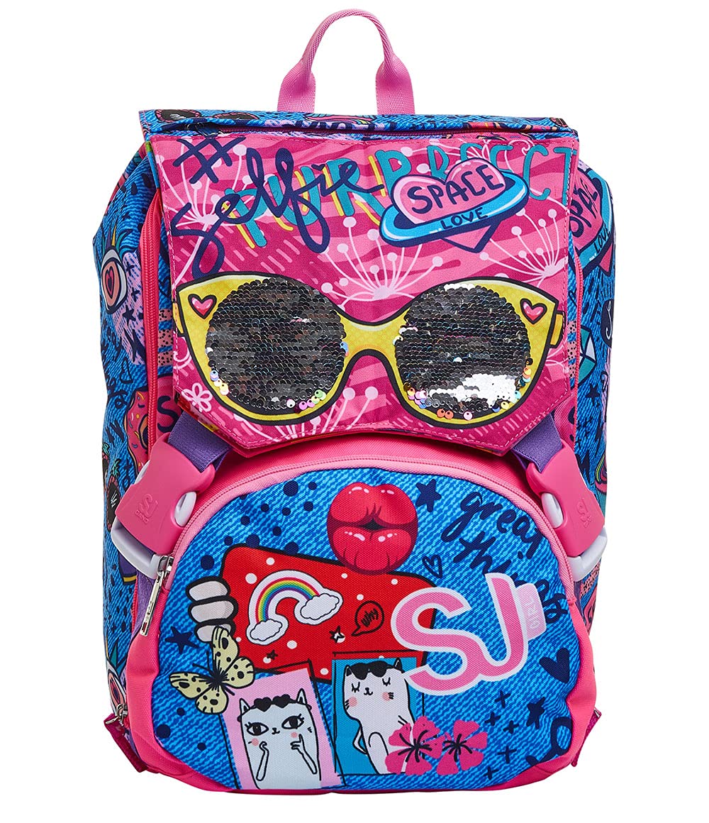 SJ GANG Backpack, Expandable Knapsack, for 1st Grade Kids - Girls&Boys, Large Capacity, For School, Sport & Free Time, with Flip-System Italian Design, pink/pattern