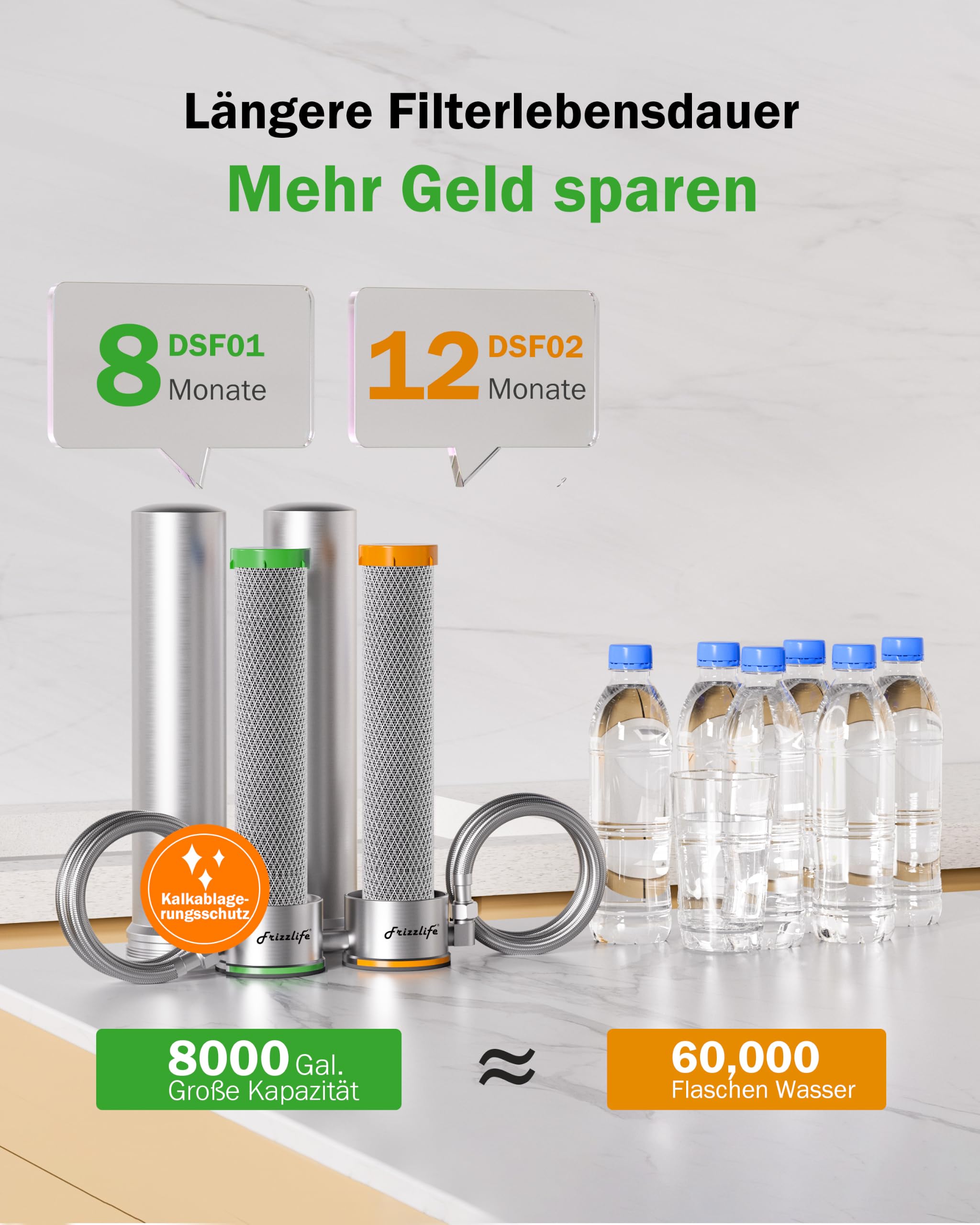 Frizzlife UDS99-S Untertisch-Wasserfiltersystem, 8-stufige Wasserfilterung mit Direktanschluss, 0,5 Mikron, reduziert 99,99% Blei, Chlor, Schwermetalle, Kalk und Kalkstein, Edelstahl，Blaue Ausgabe