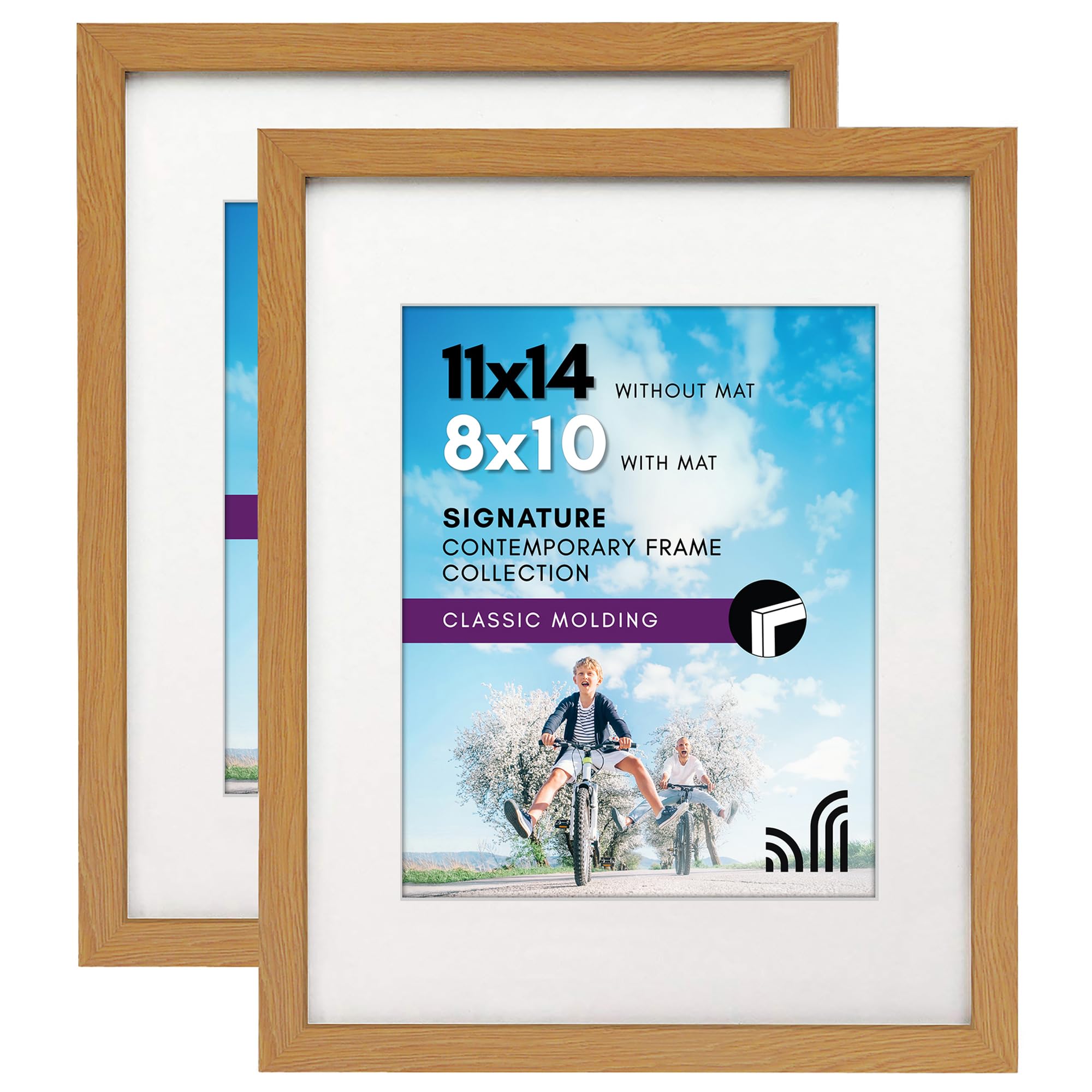 Americanflat 11x14 Oak Picture Frame 2 Pack with Shatter-Resistant Glass Cover and Composite Wood Molding - 11X14 Frame With Mat For 8X10 Inch Photos - 2 Pack
