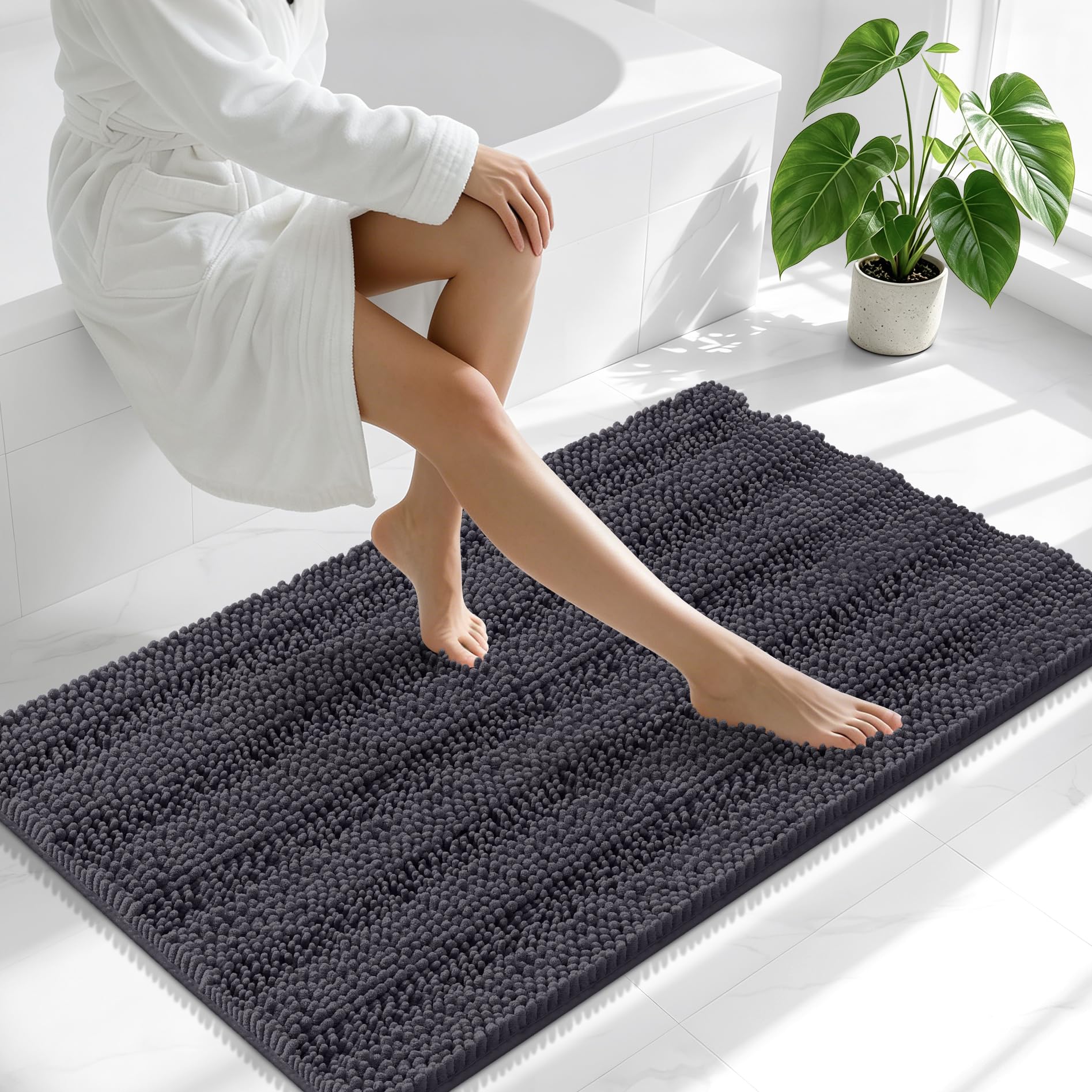 Smiry Thick Chenille Large Bathroom Runner Rugs 45x27, Bath Mat, Dark Grey