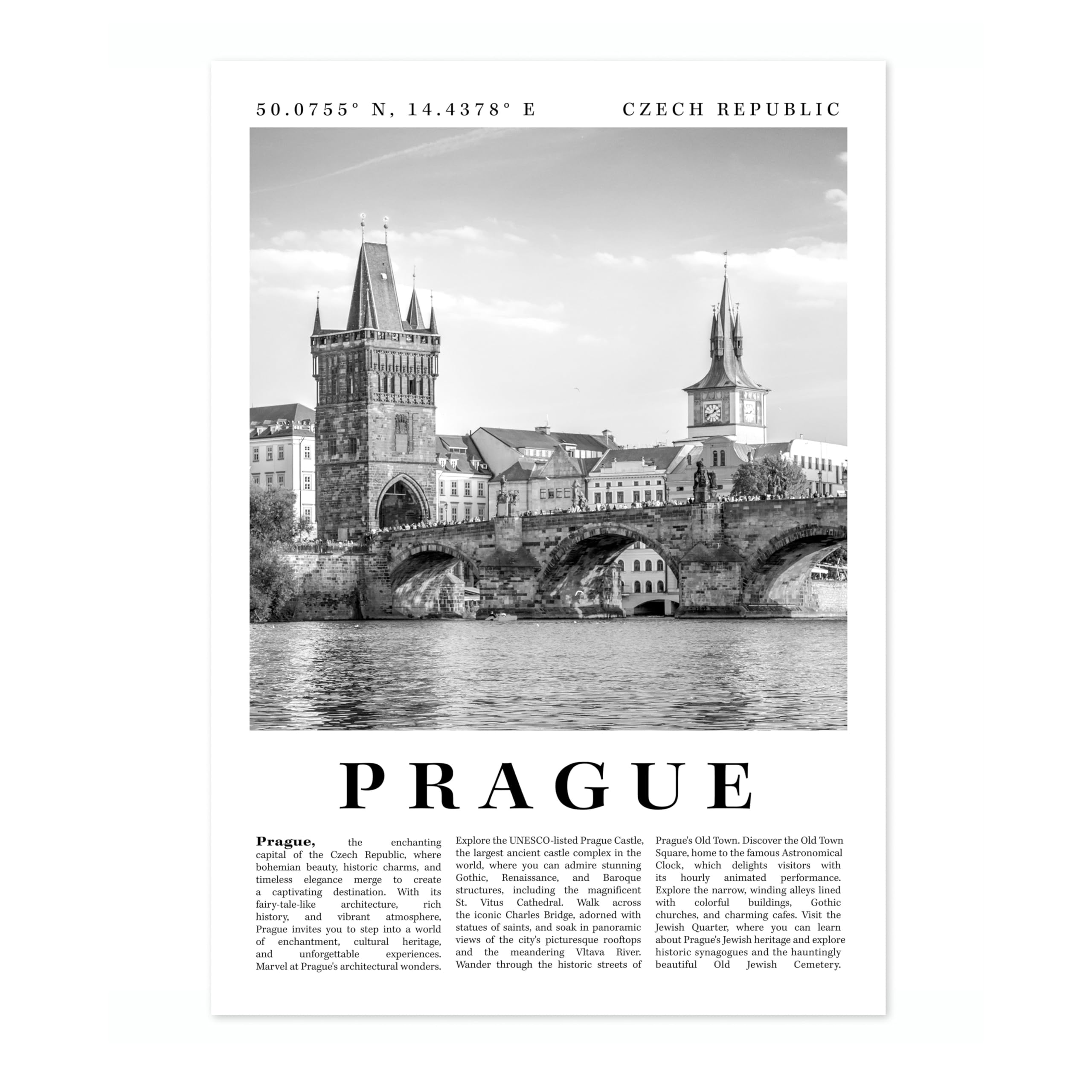 Prague - Czech Republic Travel Poster, Black & White Print, City Landmark. Modern Home Wall Decor For Living Room Bedroom, Archival Matte, A2 (Print Only) - 59.4x42cm โ image 1