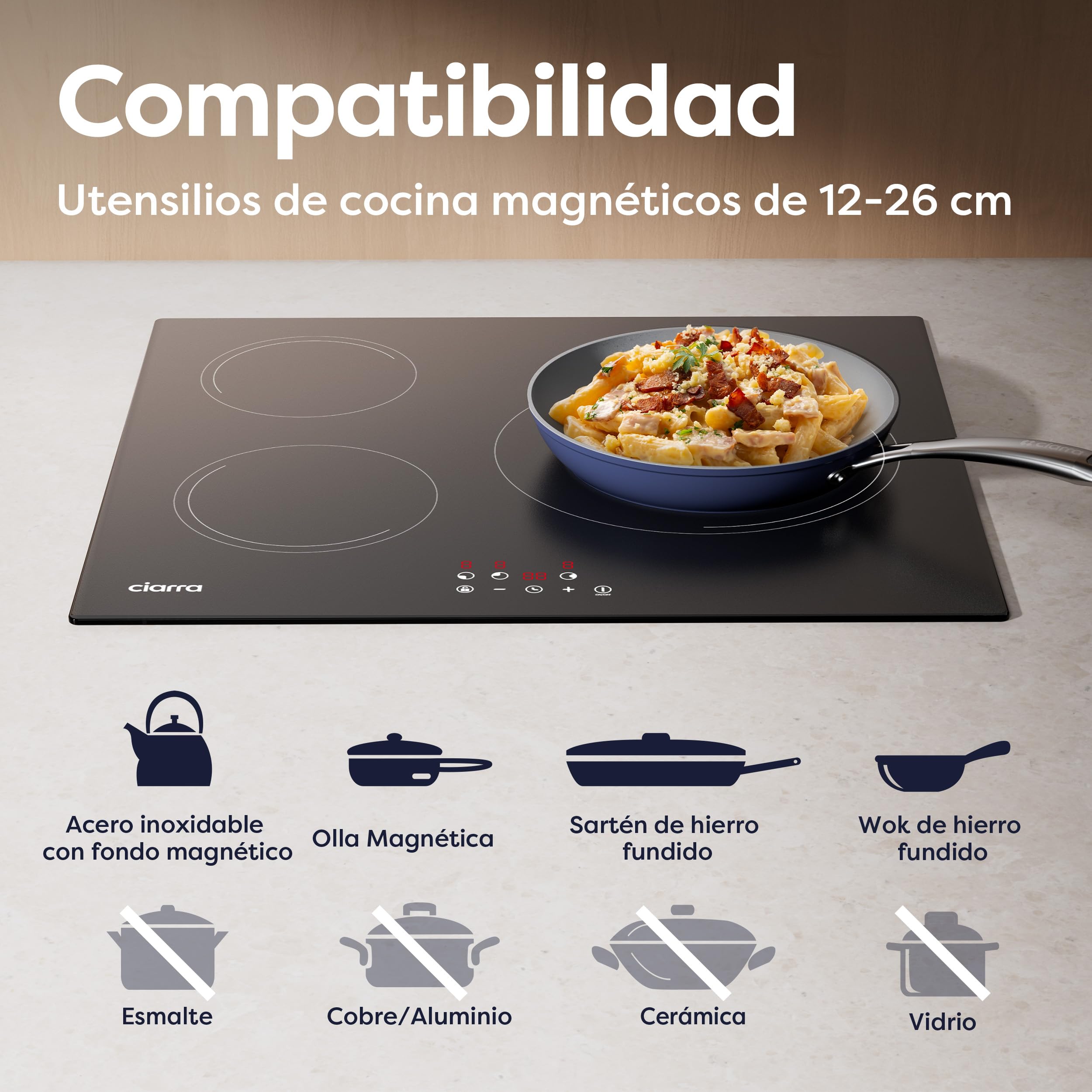 Ciarra Placa Induccion 3 Fuegos 60cm 5600W Bloqueo de Seguridad | 9 Niveles, Control Táctil, Temporizador, Indicador de Calor Residual, Ideal Para el Uso Diario en Familia