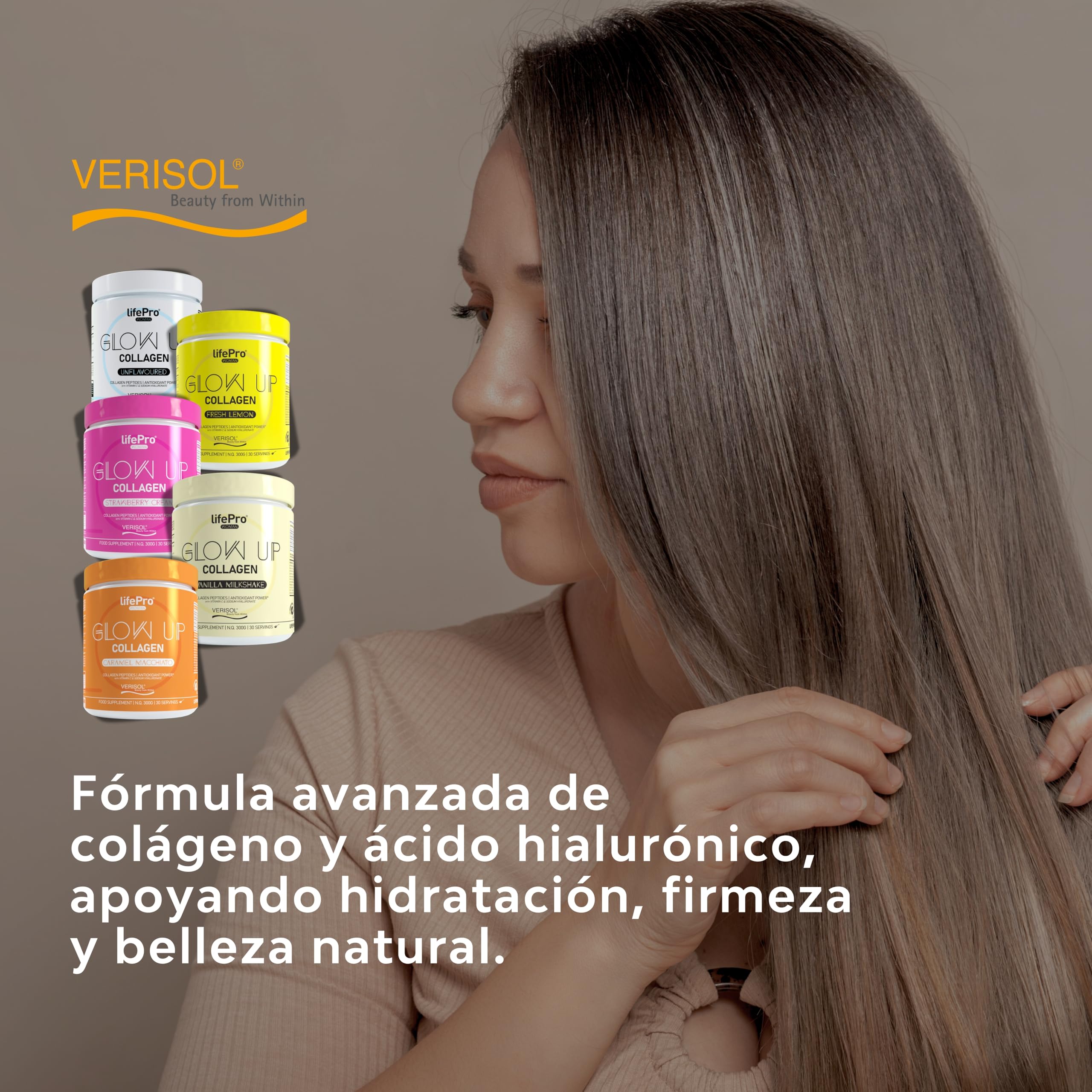 Life Pro Vitaminas para el Cabello Glow Up Beauty, Colageno Hidrolizado Puro, Anticaida Mujer, Crecimiento con Colageno Acido Hialuronico, Evita Caída del Cabello, Tratamiento Piel y Uñas con Verisol