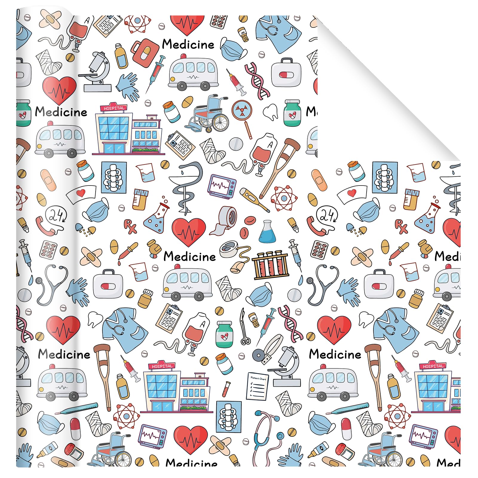 1 rolka medycznego papieru do pakowania - Doctor Nurse Hospital tematyczne opakowanie prezentowe na imprezy służby zdrowia, ukończenie szkoły, emeryturę, 43 cm x 497 cm