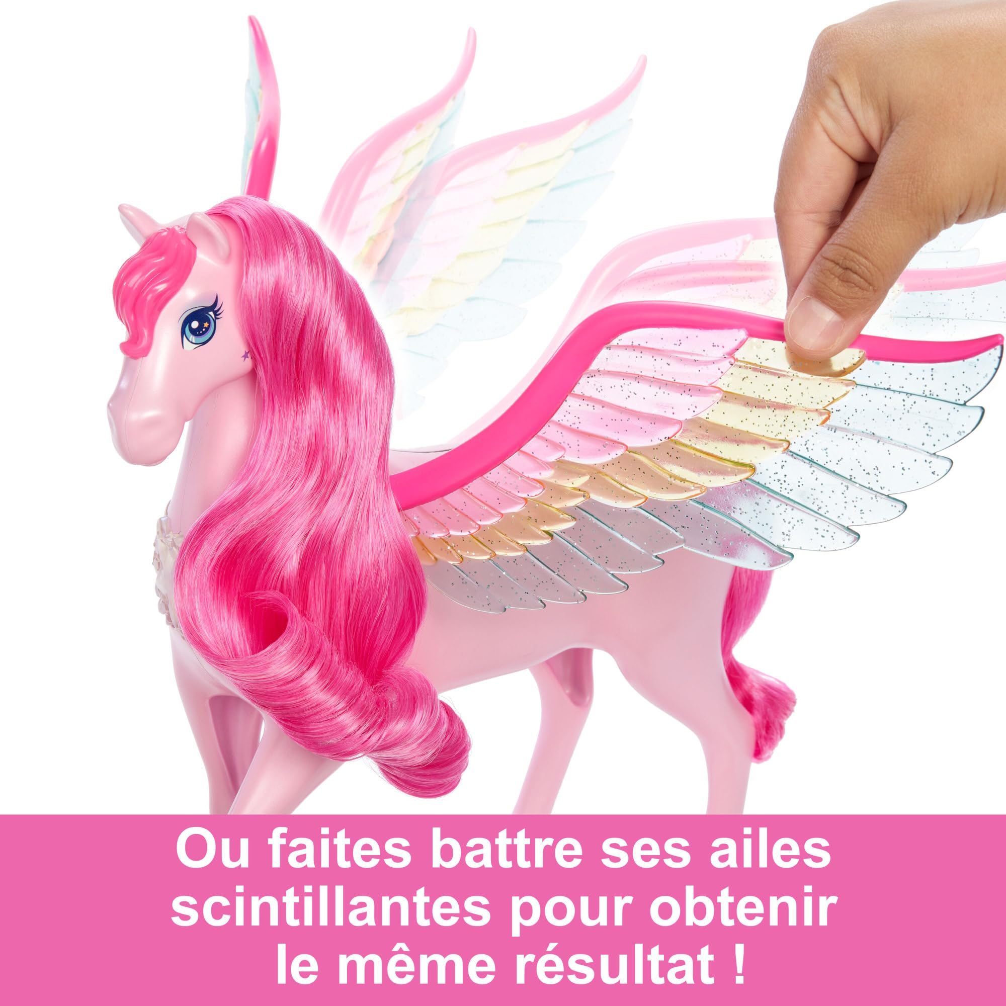 Barbie Pégase Magique Rose Aux Ailes Multicolores Scintillantes, avec Sons Et Lumières, 10 Accessoires Inclus Dont Chiot avec Surprise Ailée Magique, Jouet Enfant, A Partir De 3 Ans, HLC41