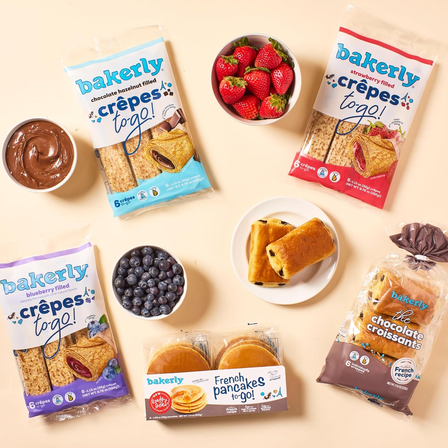 bakerly Snacks Variety Pack - 5 Pack of Ready-to-Eat French Baked Snacks: Pancakes (1 pack), Crepes (3 packs), Chocolate Croissants (1 pack) - Non-GMO, Individually Wrapped