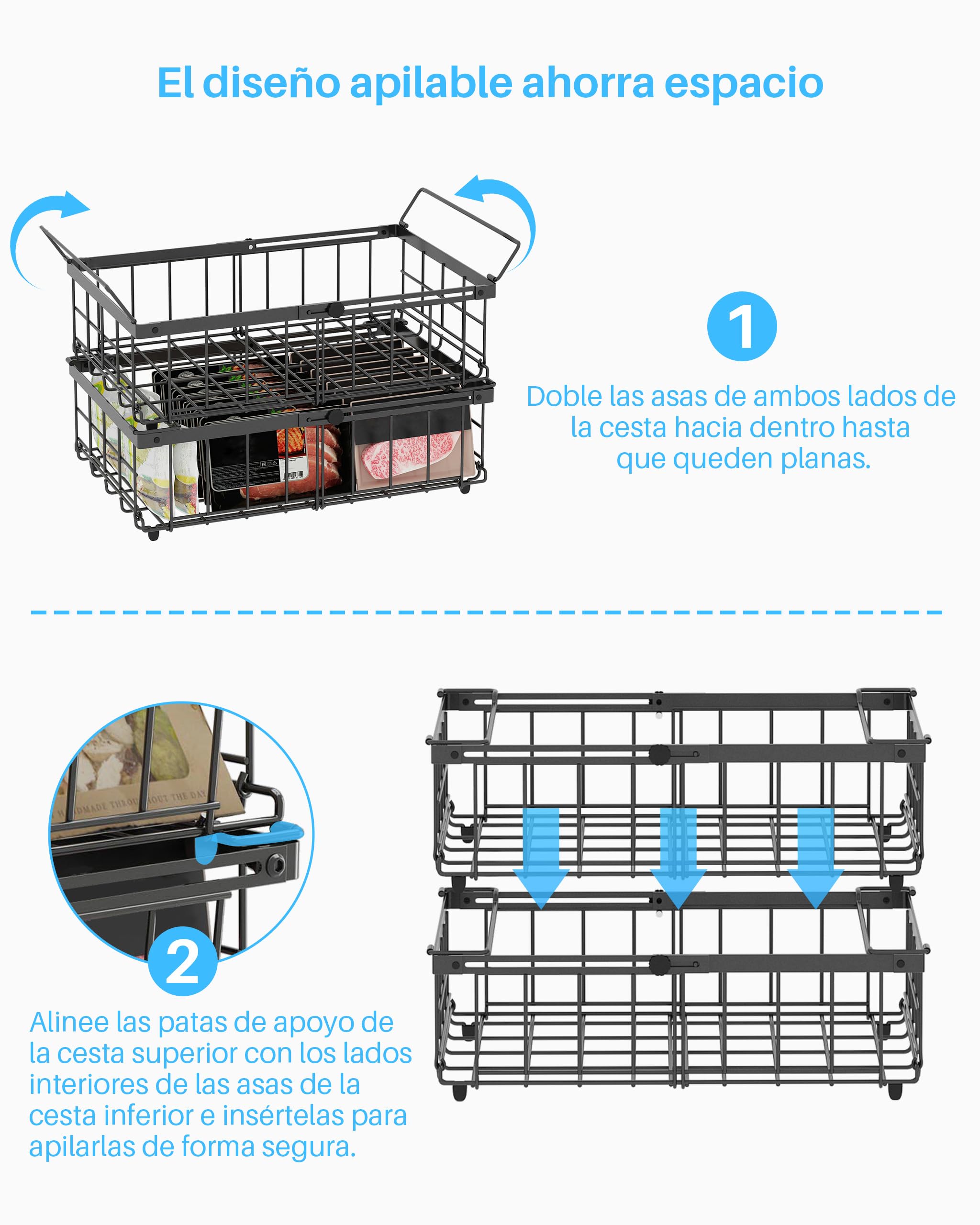 UMDONX Cesta para Congelador de 4 piezas negro - Cestas apilables para congelador con asa, para congelador de 283 a 566L, organizar ingredientes congelados,Longitud extensible (29-45x30x15cm)