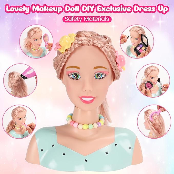 41PCS Deluxe Head Styling Doll Styling Head Makeup for Girl Kid, Pretend Play Hair Doll Beauty Stylist with Crown Hairdryer Curling Iron Hairpins Powder Lipstick Kit Birthday for Girl
