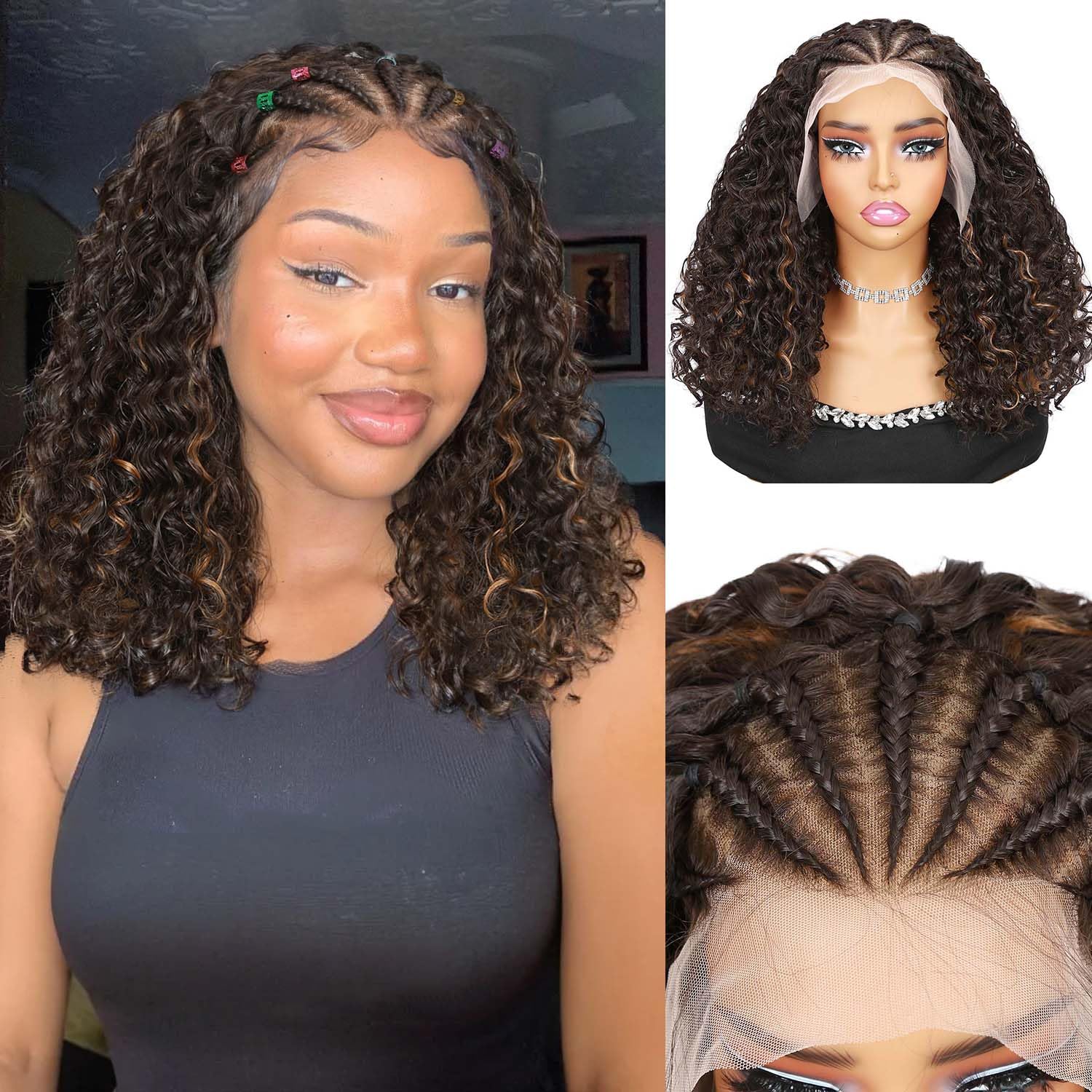 Photo 1 of Quantum Love Braided Wig for Black Women Braids Cornrows Lace Curly Wigs 16 Inch Fully Lace Frontal Braided Curly Bob Mix Brown Synthetic Glueless Wigs