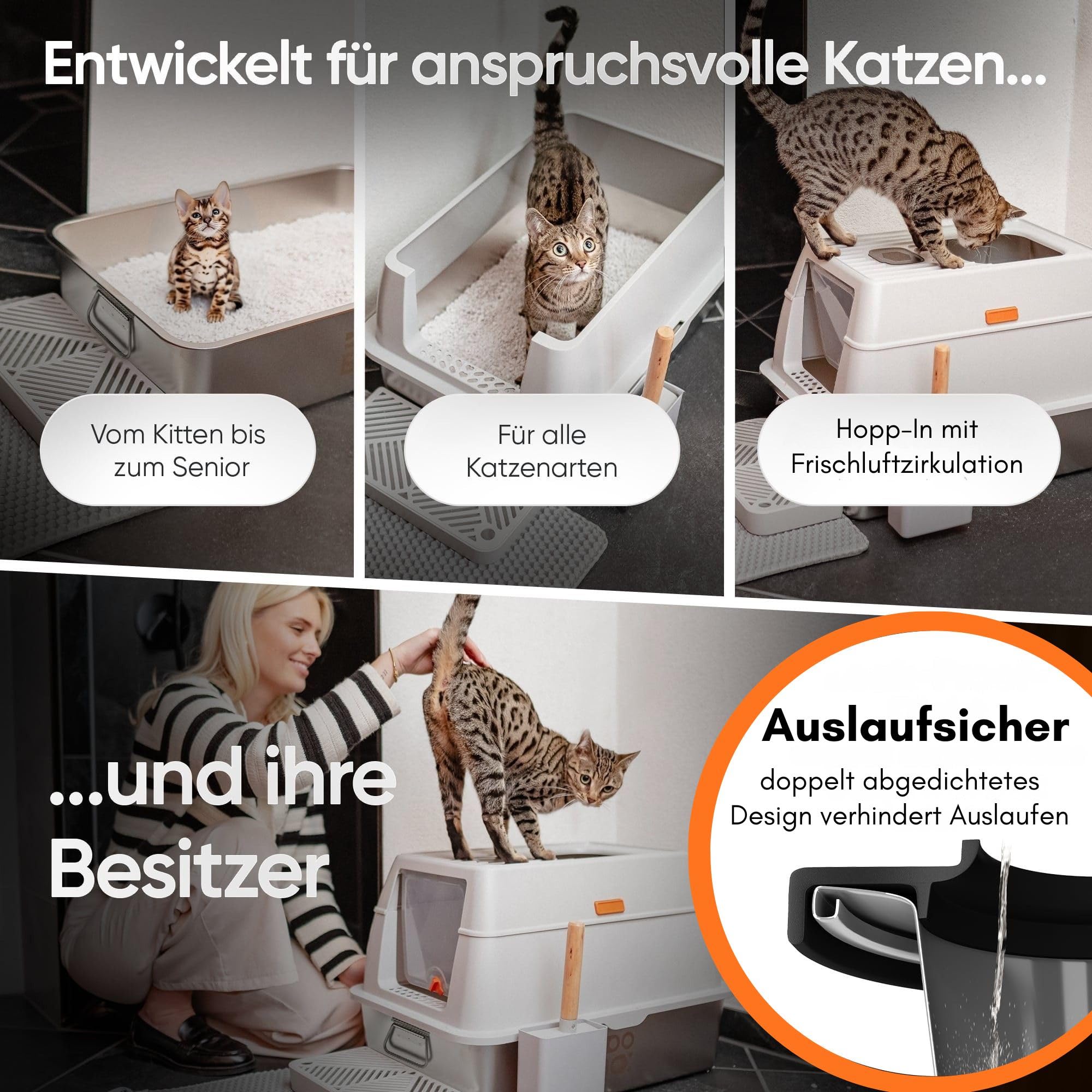 Katzenklo Edelstahl mit Deckel, 60x40, grau, auslaufsicher, Zubehör | 3-in-1 Katzentoilette geschlossen offen, Geruchsfilter, Hop in, Schaufel, Matte und Stufe, geruchsarm, hoher Rand