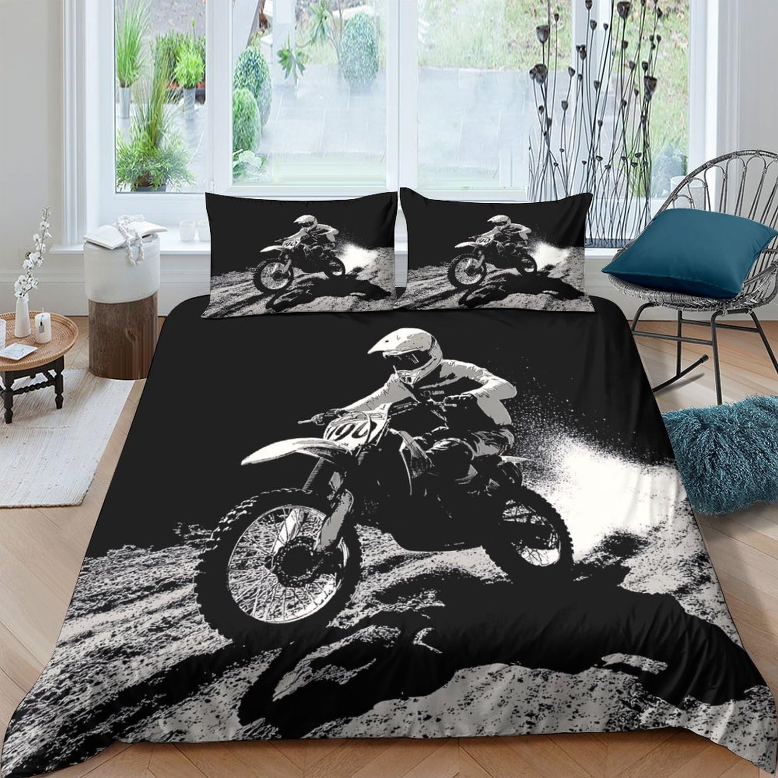 GPLZQXKJNH 3D Printed Motocross Rider Duvet Cover Microfiber Soft Breathable Motorcycle Bedding Set with 2 Pillowcases for Bedroom Decor Single（135x200cm）