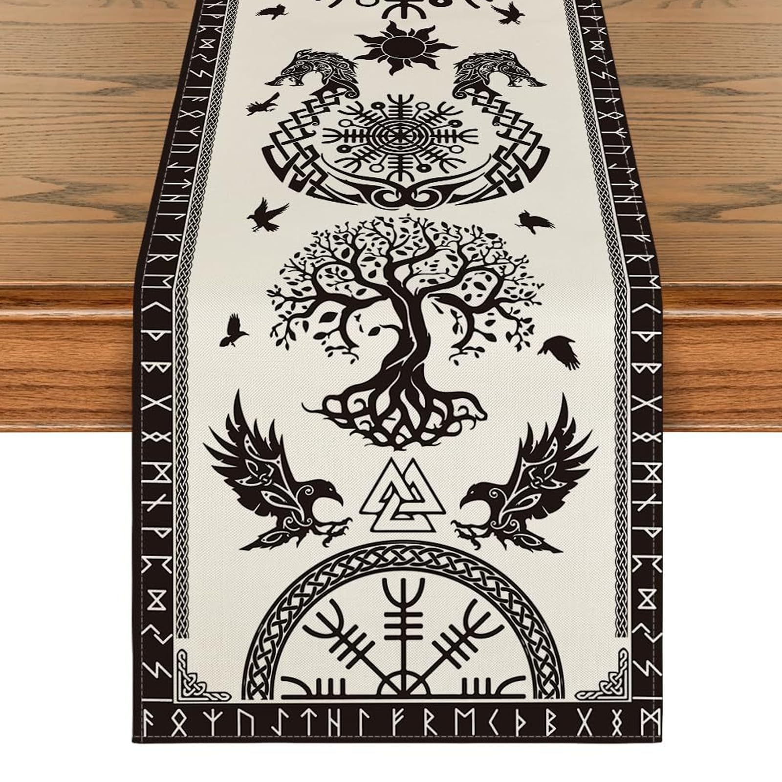 Vintage Viking Pattern Table Runner, 71x13In Black & White Viking Tree of Life Raven Helm of Awe Table Runner for Seasonal Kitchen Dining Table Decor Home Party, Wedding, Holiday Decorations
