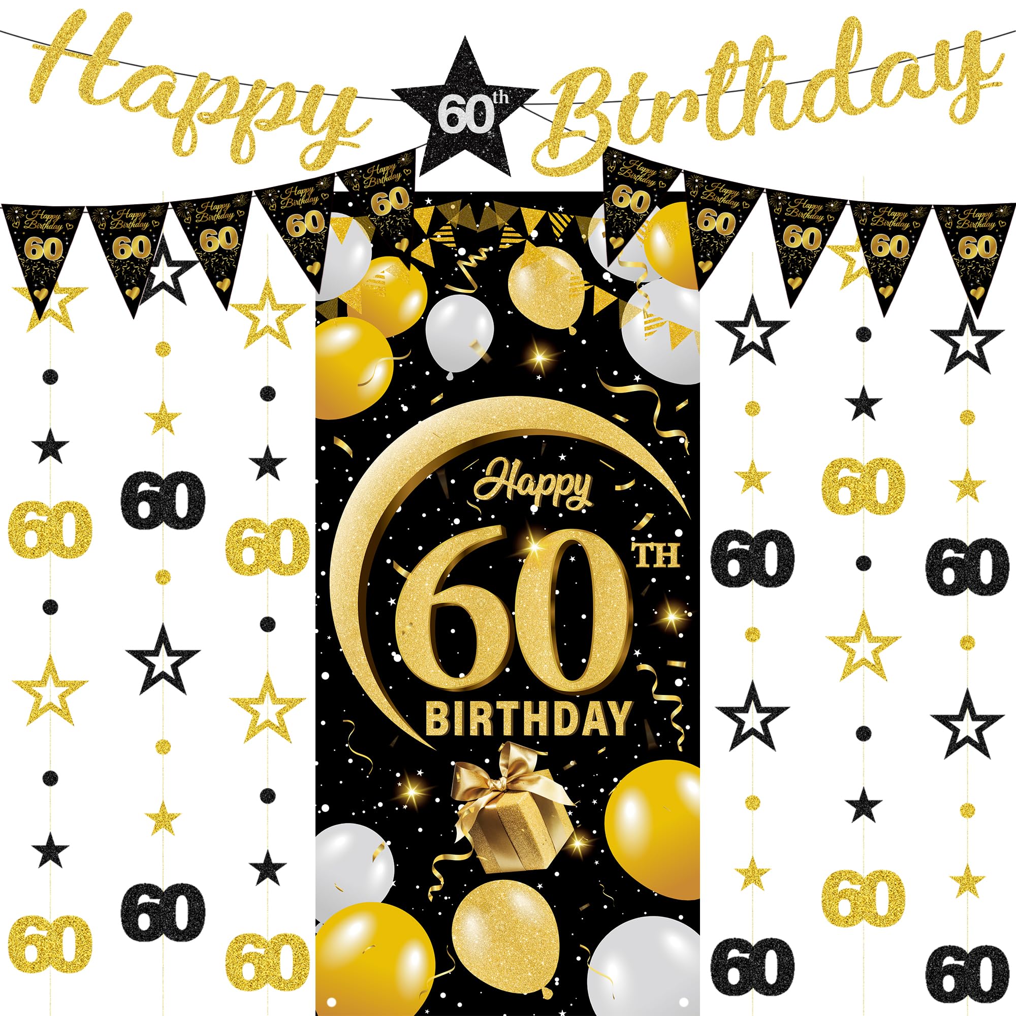 60th Birthday Decorations Banner Set - 9 Pcs Black Gold Happy 60th Birthday Background Banners Triangle Flags Number 60 Circle Dot Twinkle Star Garland for Sixty Year Old Party Supplies Decor
