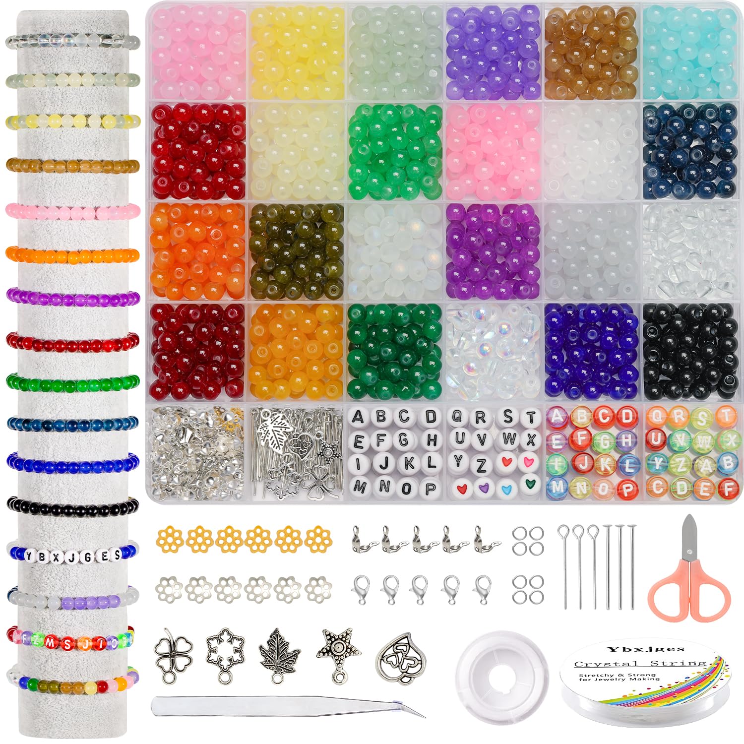 Ybxjges 6mm Glass Beads for Jewelry Making, 24 Colors Crystal Beads Kit with 1160Pcs Beads for Bracelets, Earrings, DIY Crafts
