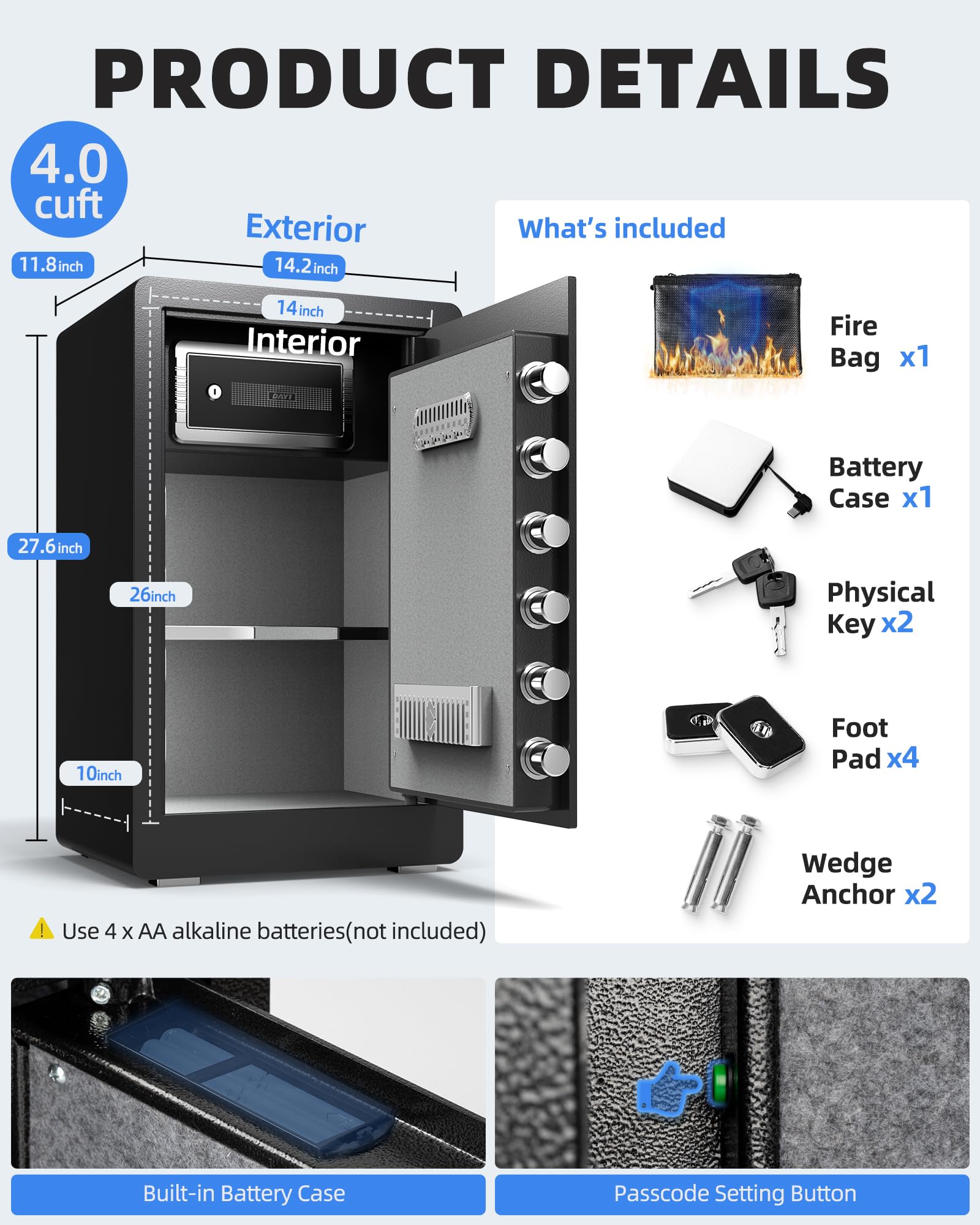 DAYI D-70 Lite2 - Cassaforte per la casa, con custodia ignifuga, tastiera digitale, doppio allarme, per denaro, documenti, ideale per uso in ufficio