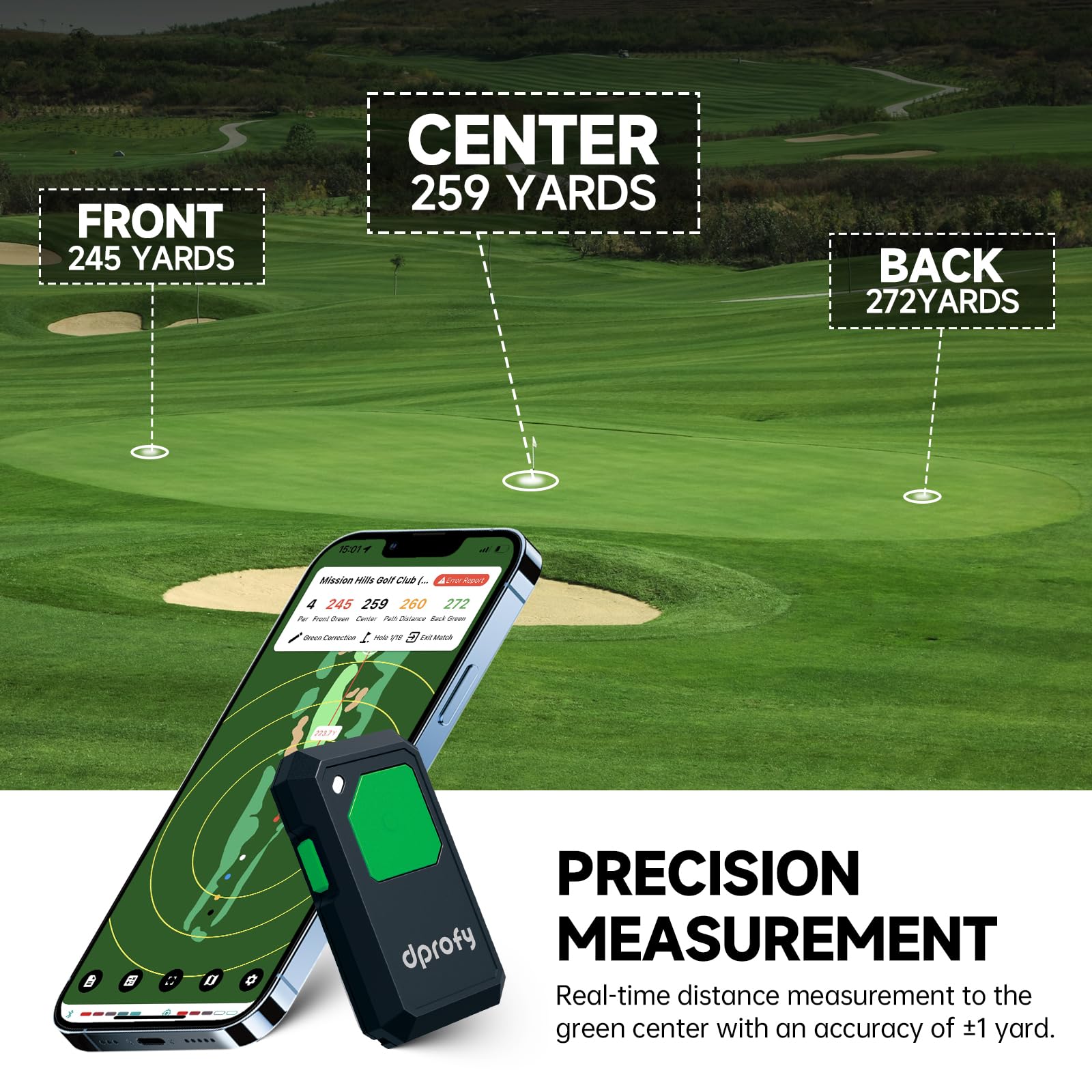 Dprofy Golf GPS Entfernungsmesser, Sprachausgabe mit Freisprech-Distanzlesung, funktioniert mit Dprofy APP, 40.000+ Kurse, tragbares Clip-on-Golfzubehör, unterstützt zwei Personen