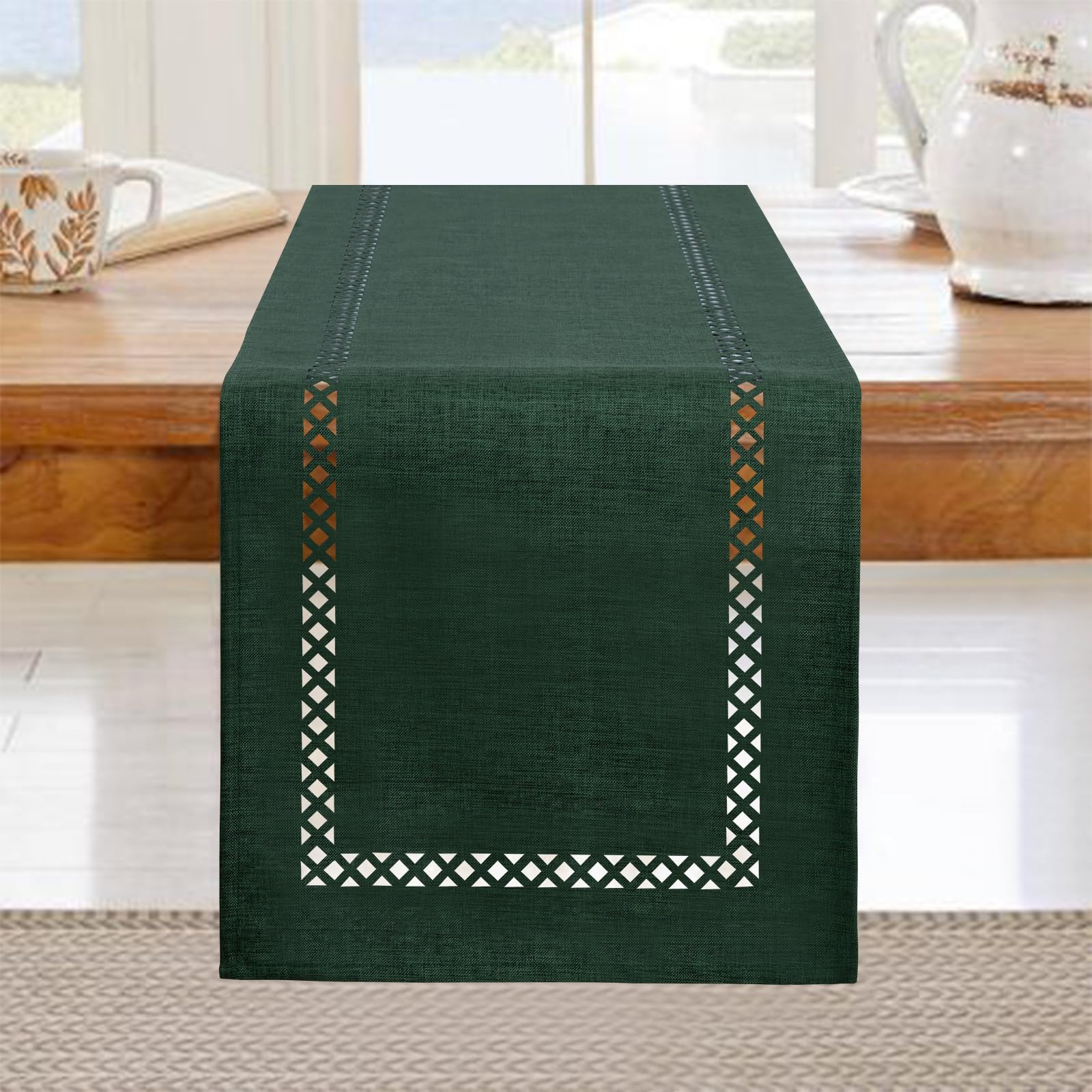 BAZIOE Modern Table Runner Green Linen Table Runner Washable Openwork Design Ideal for Holiday Party Decoration Dining Table