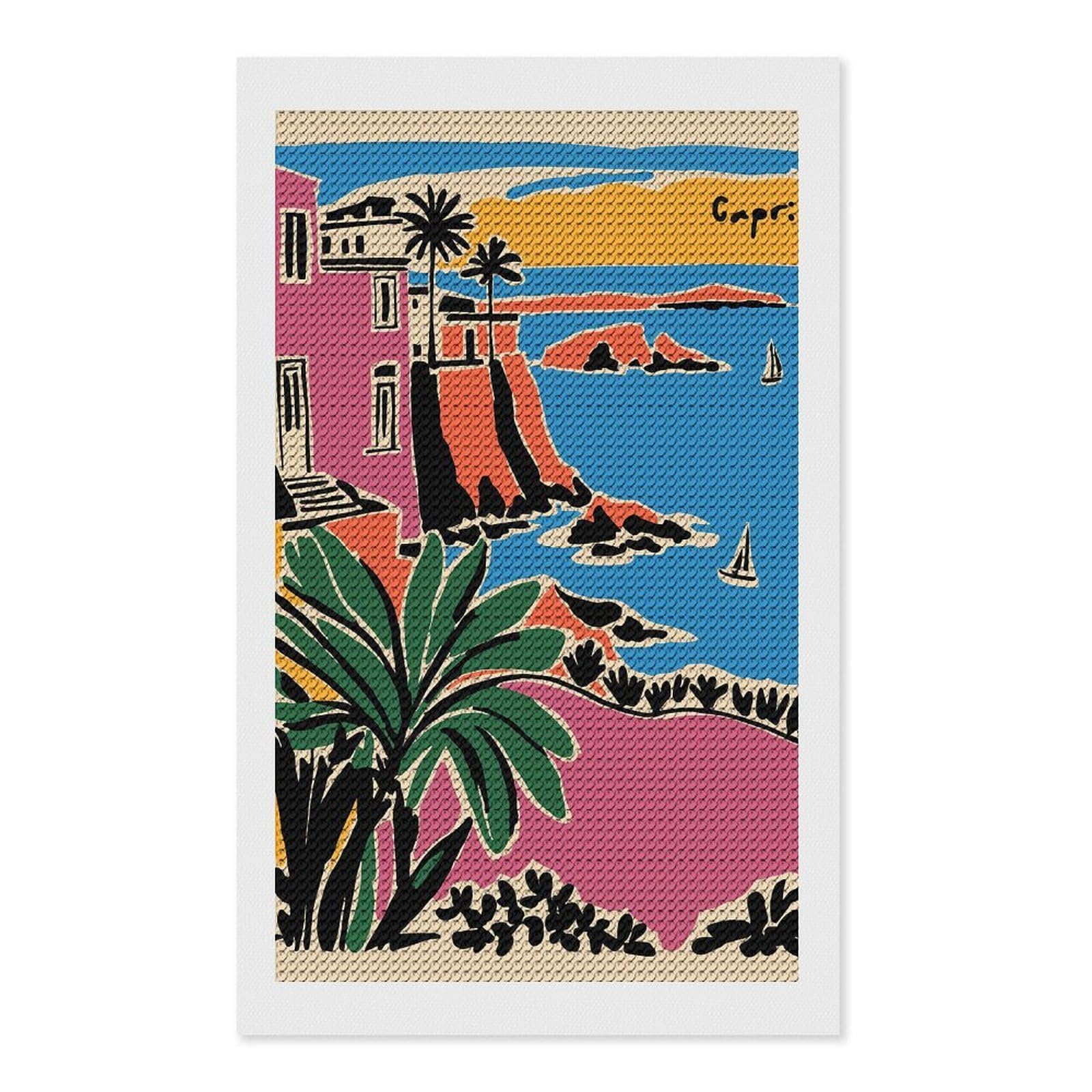 Junmoney Capri Coastline Illustration Diamond Painting Set 12"x20", Sparkling Round Gems, Decorate Your Room, Fun Craft Experience, Modern Decor