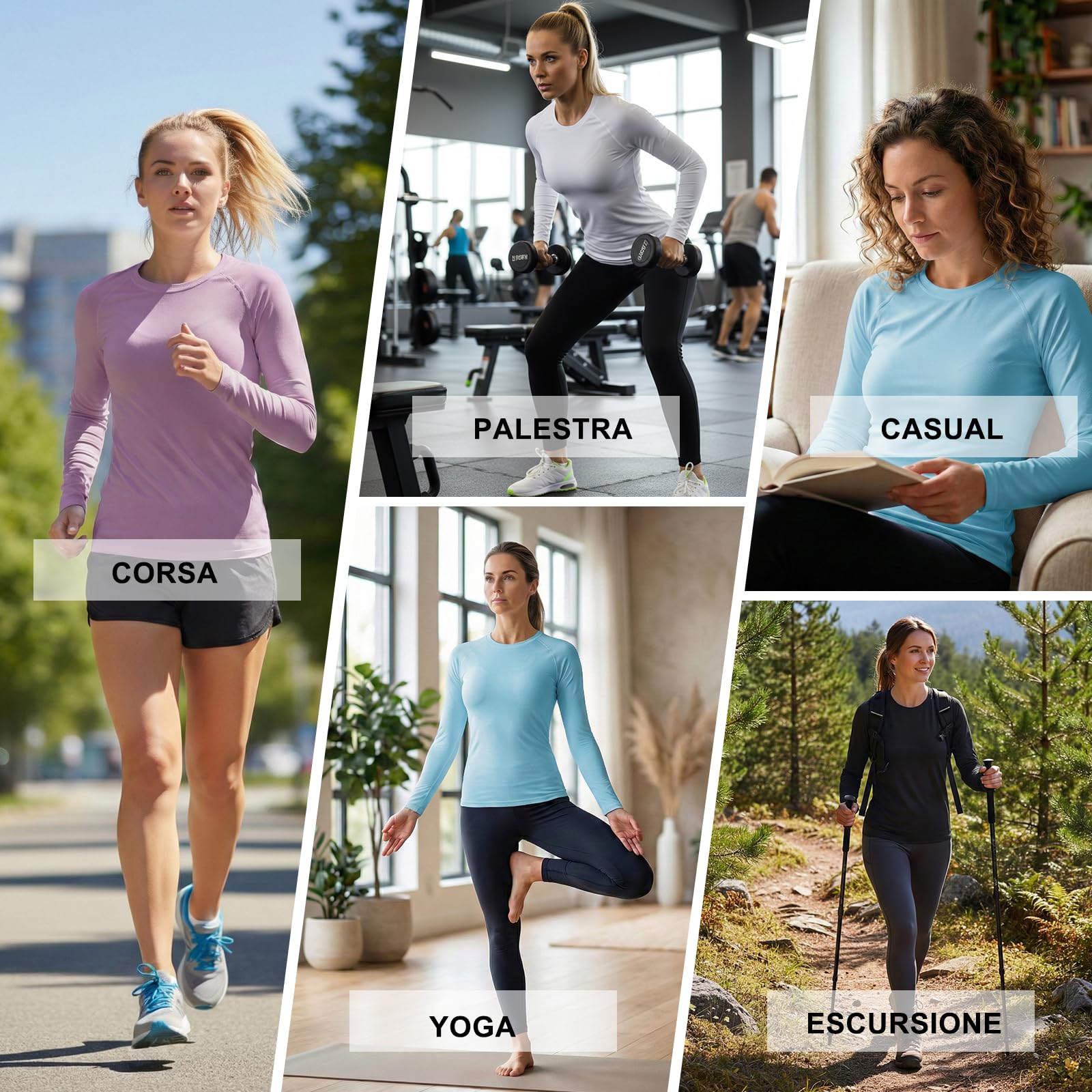 4 Pack Maglietta Compressione Donna Traspirante Asciugatura Rapida Maniche Lunghe Leggero Elastico Base Layer Shirts Yoga Fitness Funzionale Top Sportiva Tee per Corsa Formazione Jogging Viaggi