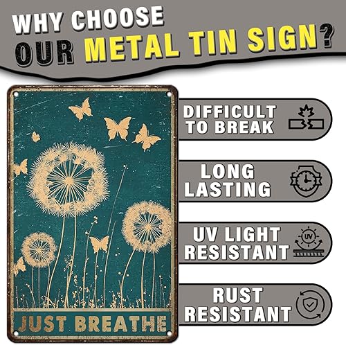 Miniatura 3 de PEACHGARDEN Letrero de metal con diseño de diente de león y mariposas, diseño vintage de diente de león y mariposas, para oficina, sala de estar,