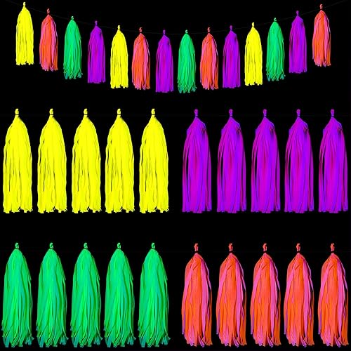 Miniatura 6 de Outus Suministros de fiesta de neón que incluyen pancarta Let's Glow, 20 borlas de papel neón y bandera triangular de neón que brilla en la