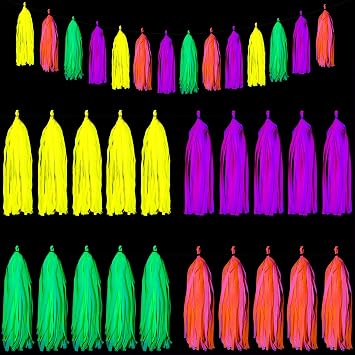 Outus Neon Glow Party Supplies, Let's Glow Banner, 20 Pcs Birthday Decor | Glow in The Dark Bunting, Paper Tassels, Triangle Flag Hanging Decorations for Halloween