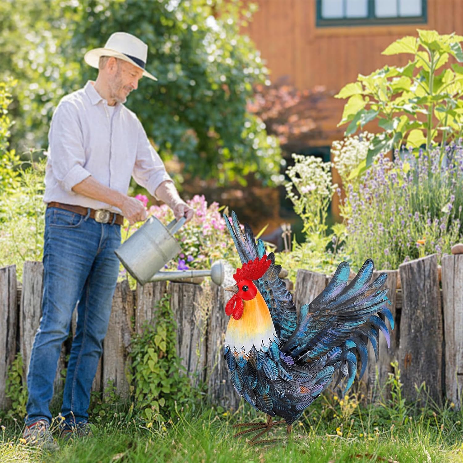 Handmade Multicolor Metal Rooster Garden Statue