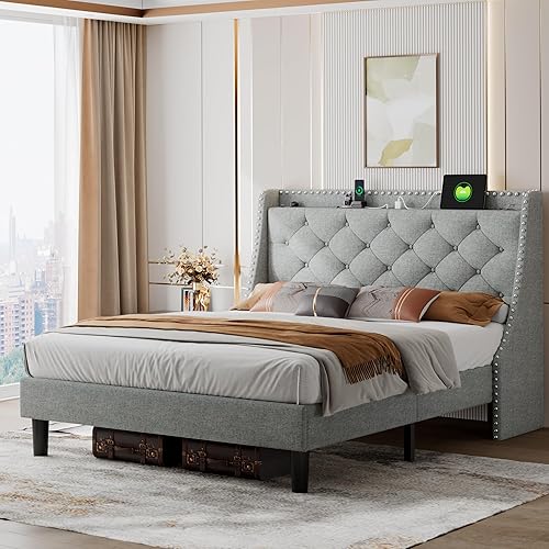 Miniatura 8 de iPormis Marco de Cama de Metal Completo, Gris Claro, Patas Resistentes de 712 Pulgadas, Cabecera Wingback de 16 Pulgadas de Ancho, 2 Puertos USB,