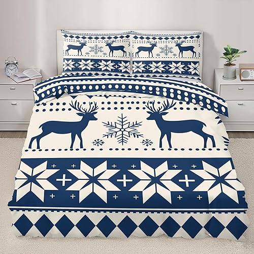 Juego de funda de edredón nórdica de Navidad, estilo nórdico, copos de nieve, juego de ropa de cama con ciervos de Navidad, funda de edredón