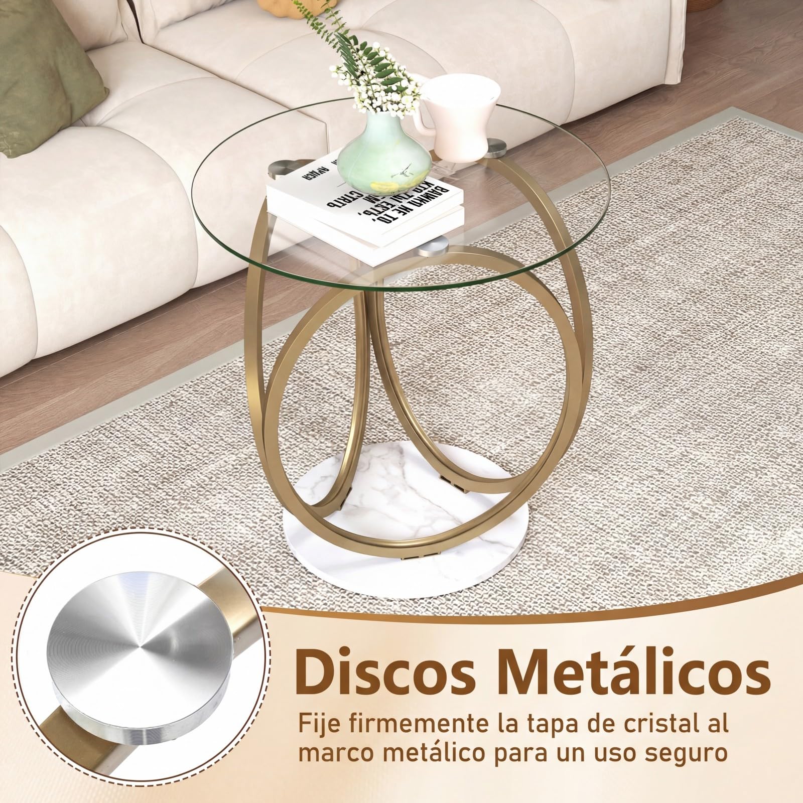 COSTWAY Mesa de Centro Redonda, Mesa Moderna de Vidrio Templado con Marco Geométrico de Anillo Metálico, Mesa Auxiliar para Salon, Oficina en Casa, Espacios Pequeños, 60 x 60 x 61,5 cm