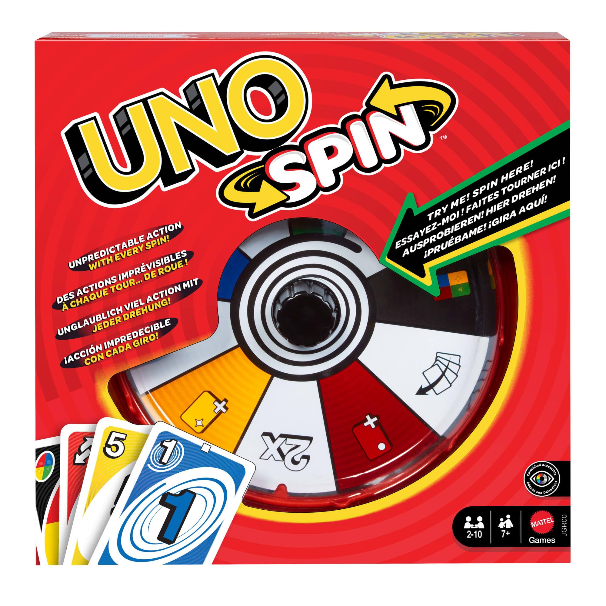 Mattel Karty UNO Spin Towarzyska, imprezowa i rodzinna gra karciana, klasyczna rozgrywka + koło UNO Spin™, nowe wyzwania i reguły, gra dla dzieci 7+ i dorosłych, JGR00 | Klasyczna zabawa z losowym spinnerem, wyzwania i specjalne zasady dla dzieci, nastola