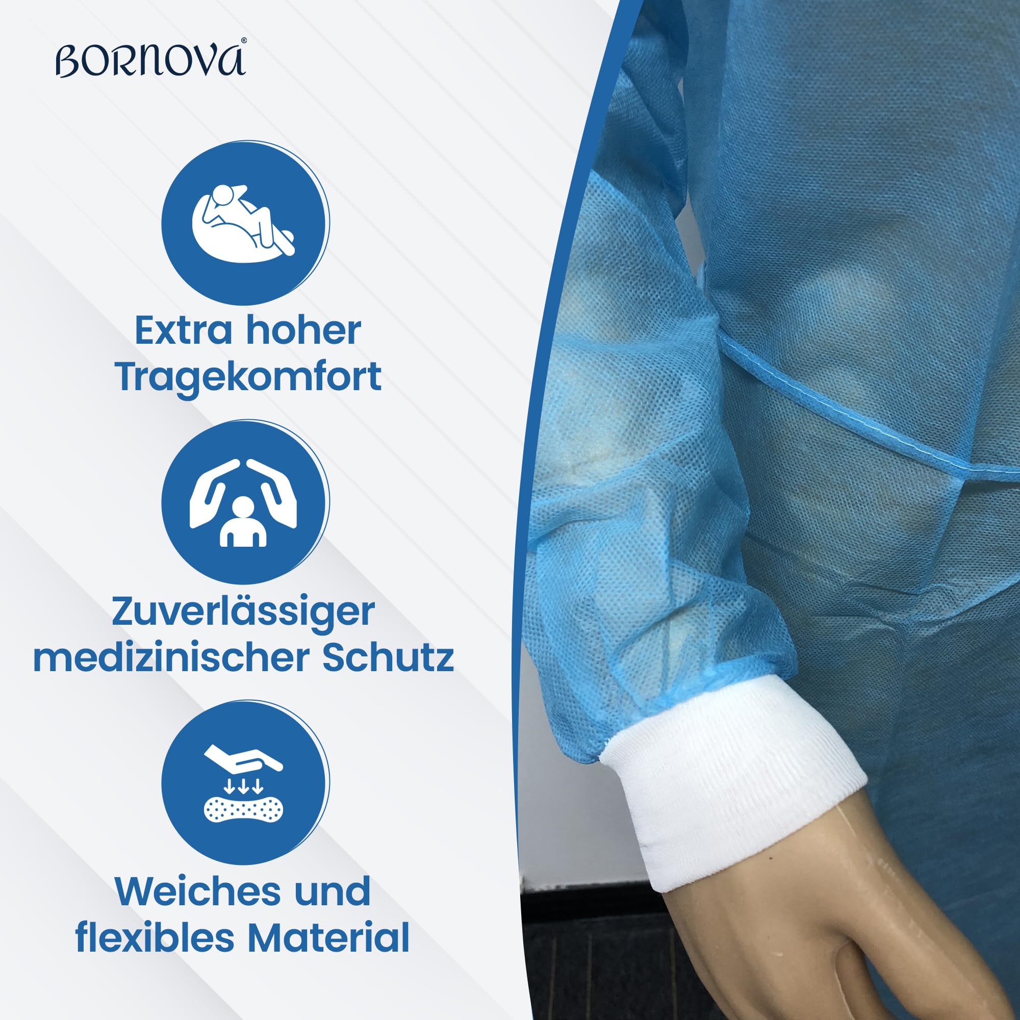 10 Stück - Patientenkittel & Isolationskittel – Einweg-Schutzkittel/Besucherkittel – Krankenhauskittel - Schutzkittel für Pflege – PP-Vlies – Universalgröße – Hellblau – 35 g/m² - BORNOVA