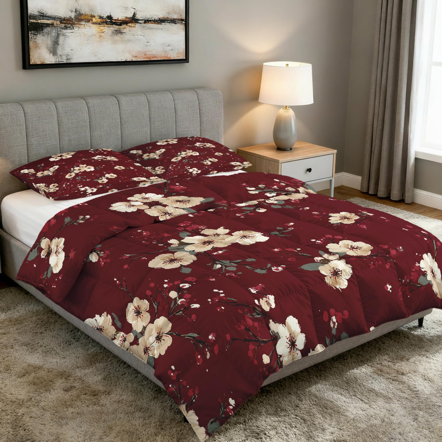 Blumenmuster Bettdecke 135x200 4 Jahreszeiten, Weinrot Bordeaux Rot Blumen Bettdecke Ohne Bezug Warm Steppdecke Ganzjahresdecke Winterdecke Mit Kissenbezug, Schlafzimmer Deko Blumenmuster