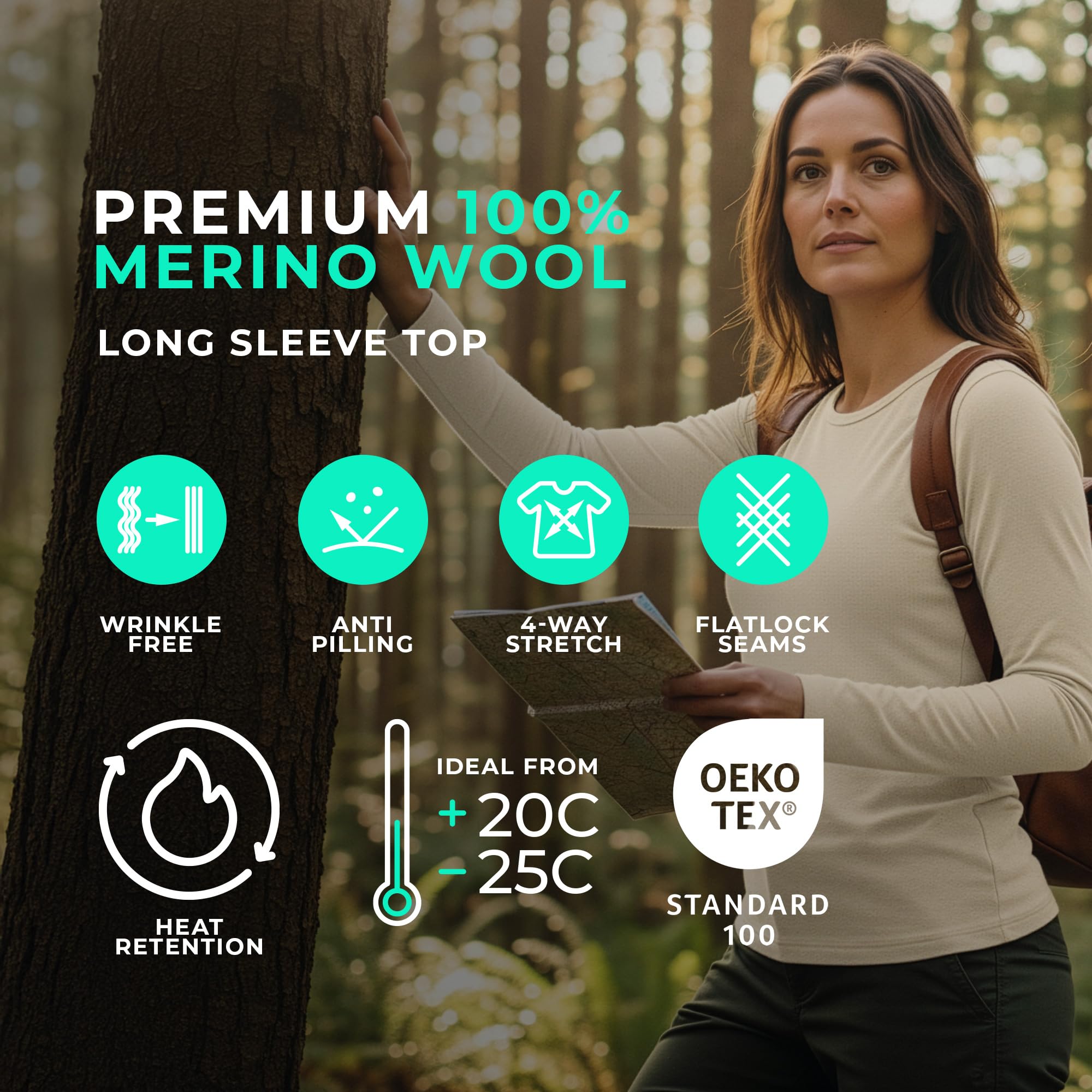 menique Camisa de manga larga para mujer, ligera, capa base, lana merino orgánica, 160 g/m², natural, S