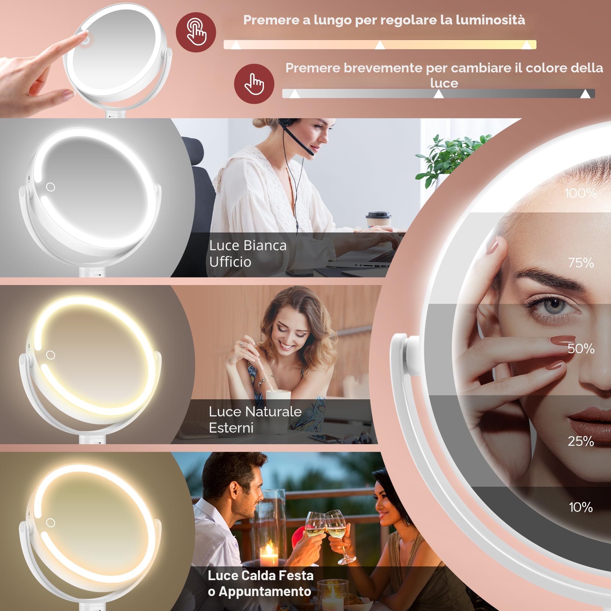 B Beauty Planet Specchio da Trucco Illuminato 30 X con 3 Luci di Colore, LED Dimmerabile e Regolabile in Altezza – Specchio Cosmetico 2 Lati per Bagno – Regalo per Donne Bianco