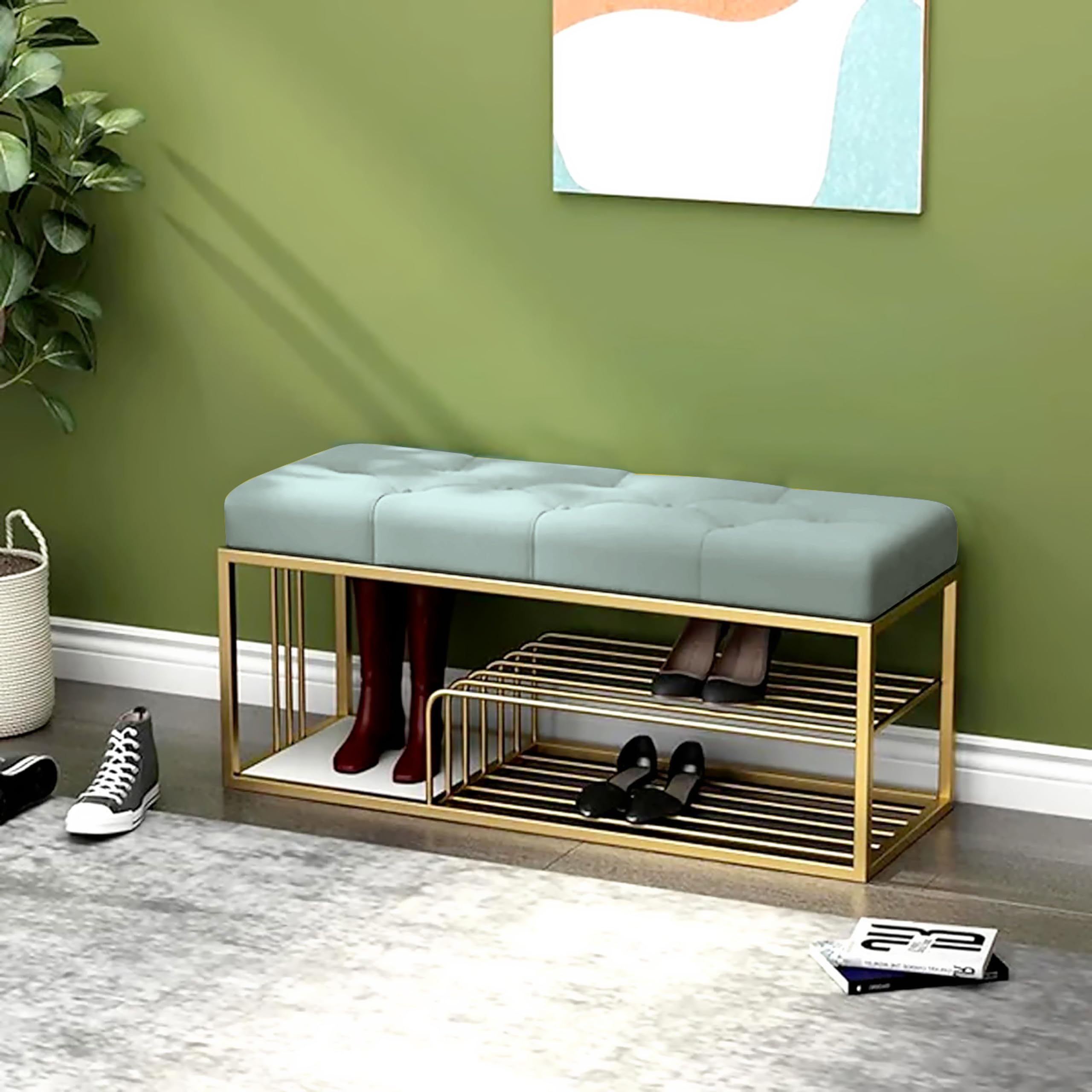 Dence Store Metal End of Bed Bench-Upholstered Entry Shoe Storage with Nailhead Trim,Black Mental Frame Ottoman Bench for Bedroom Entry Window Mudroom Living Room (Sky Blue)