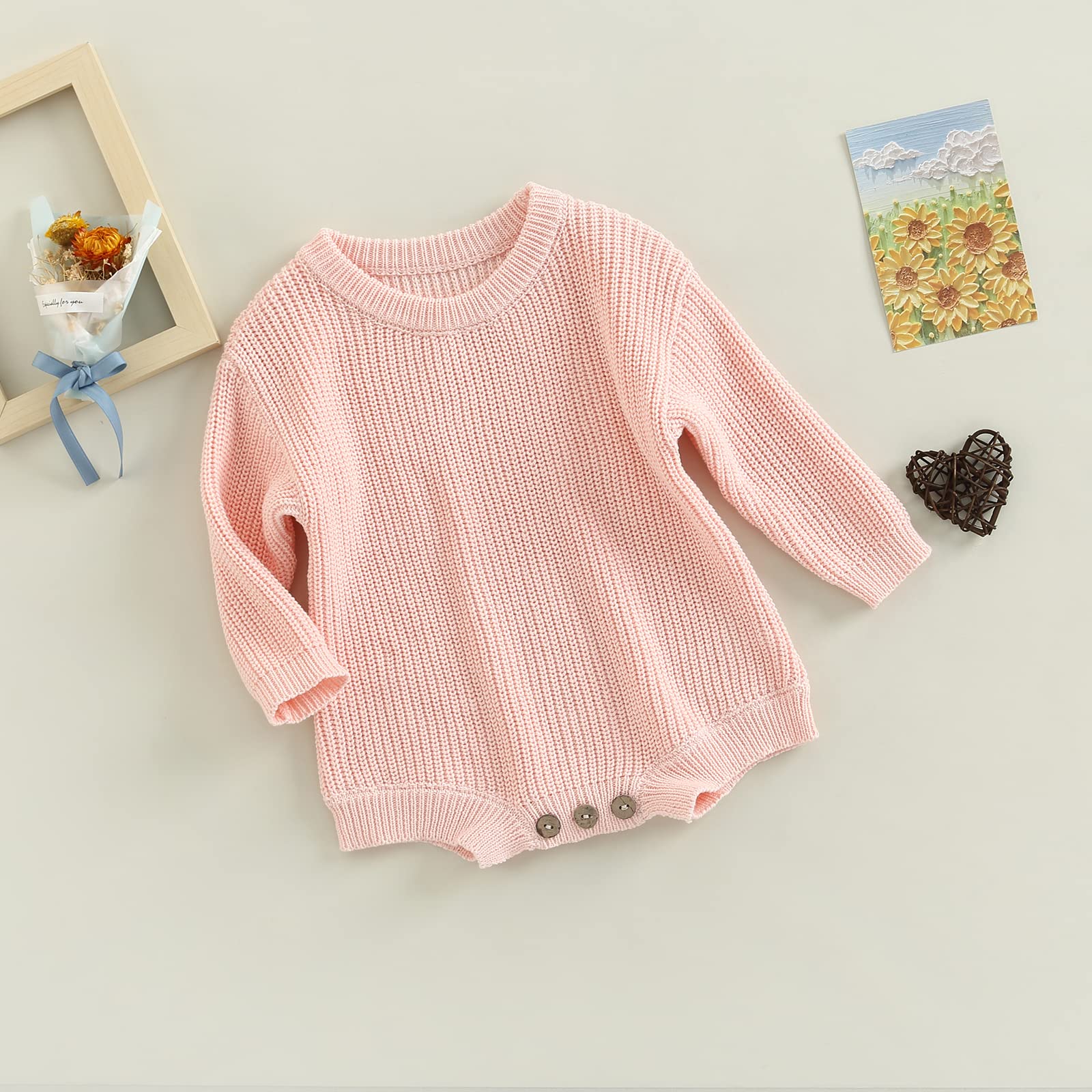Newborn Baby Boy Girl Sweater Knit Romper Fall Winter Clothes Warm Outfit Solid One Piece Romper Bodysuits Baby Clothes (Light Pink, 0-3 Months)