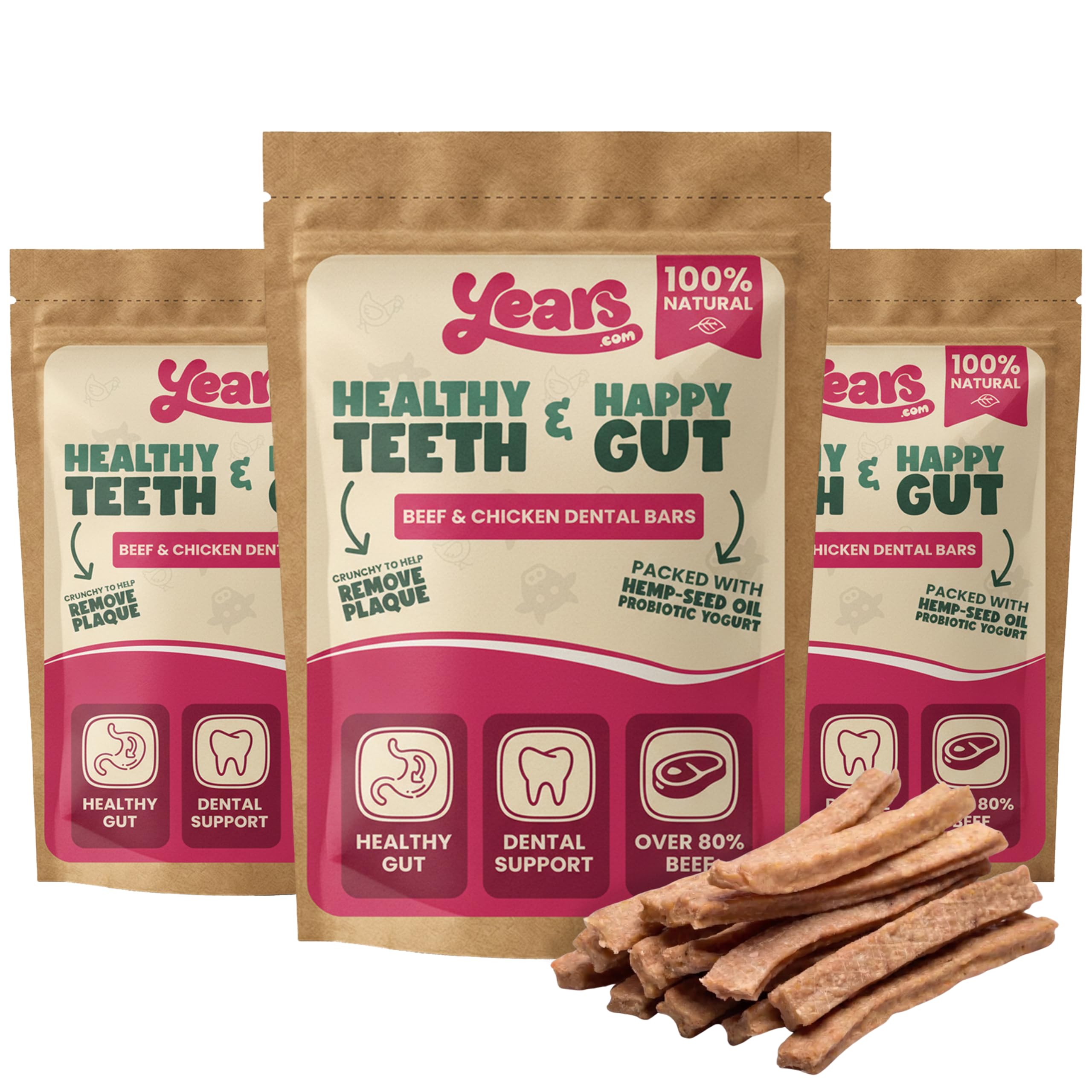 YEARS 2-in-1 Beef & Chicken Natural Dog Dental Chews for Digestion | 3 x 120g | Probiotic Yogurt & Hemp Organic Dog Treat
